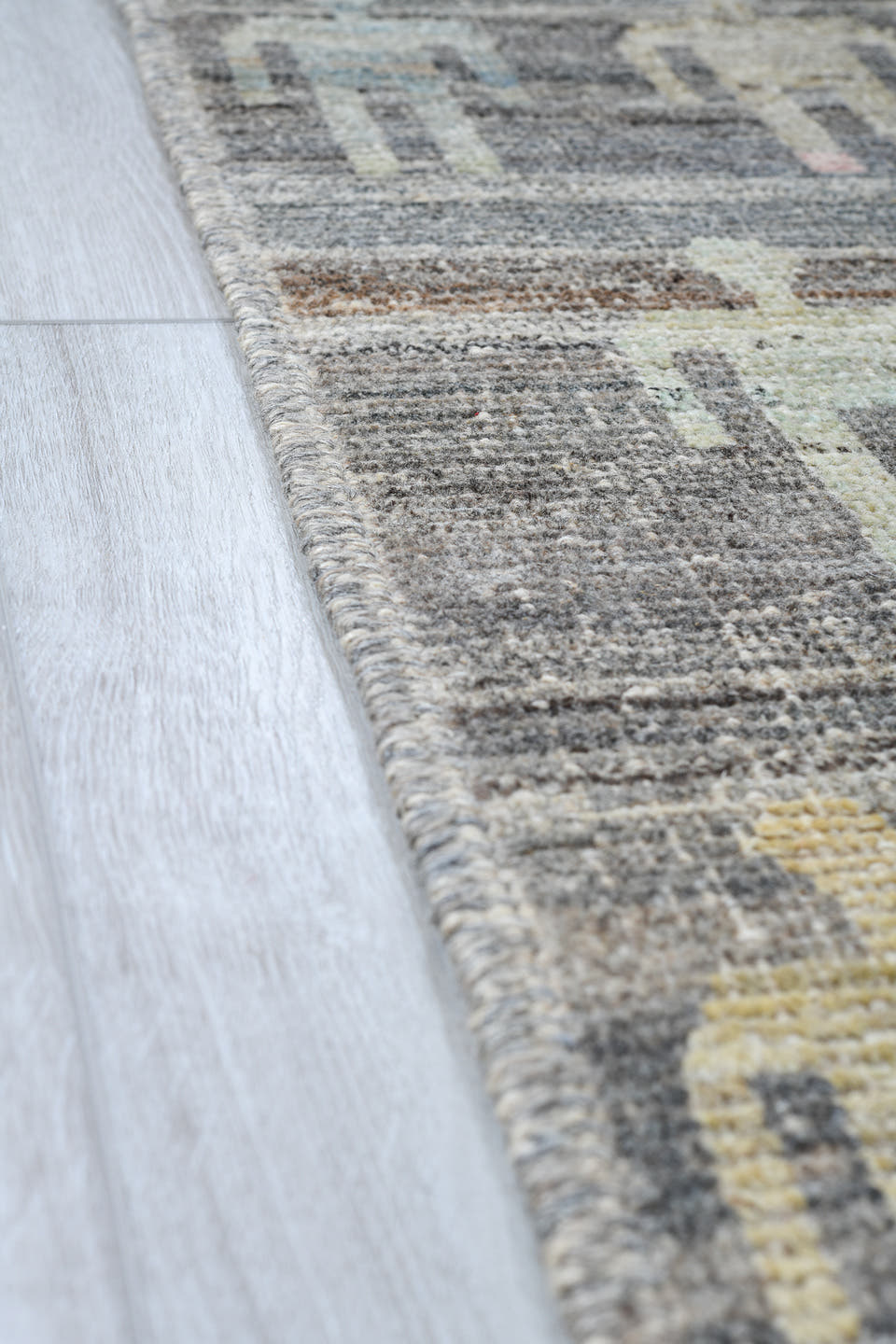 10' x 13' one-of-a-kind handmade vintage Tulu large size rug. Color palette: gray, ivory, pale blue, blush, saffron, coral