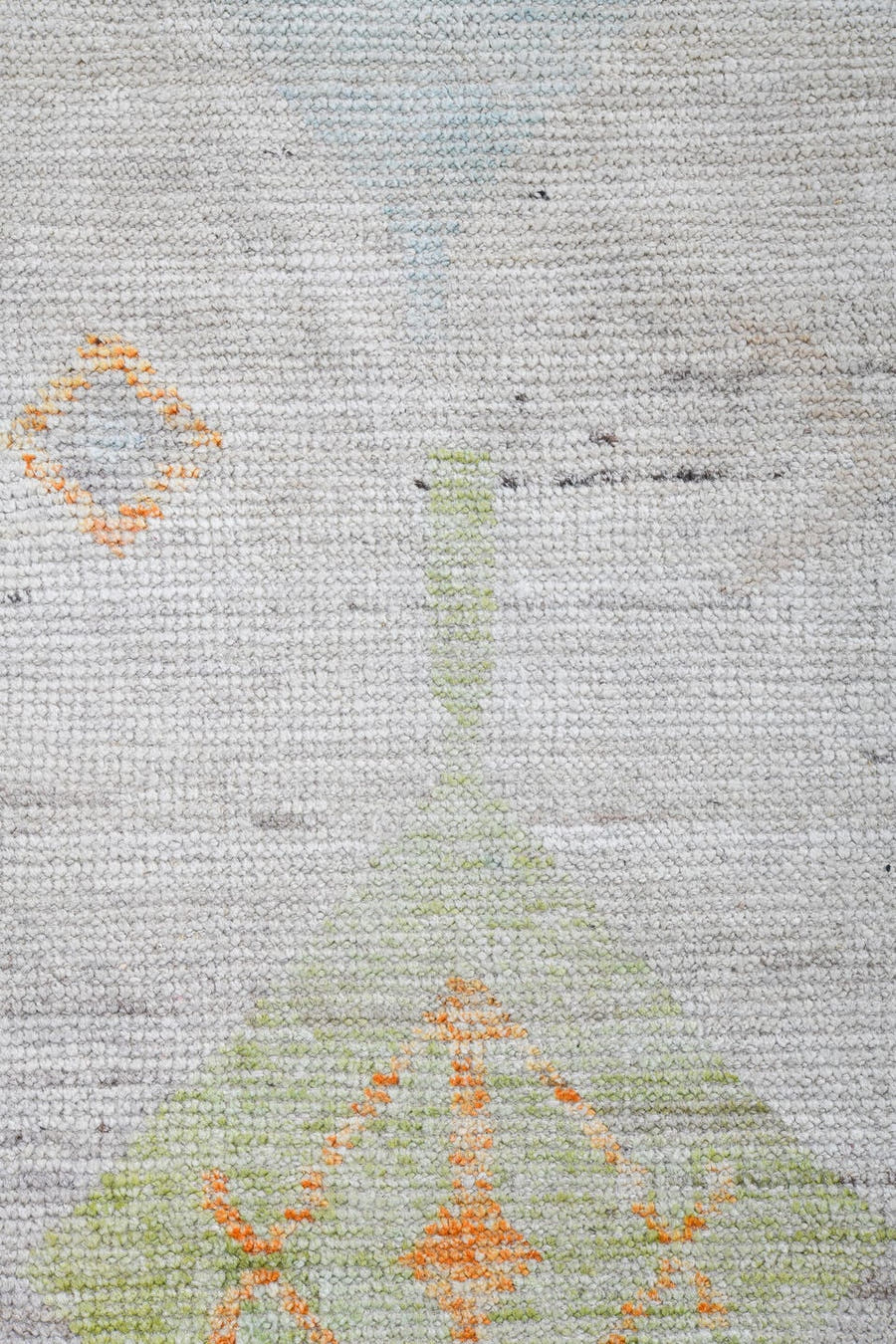 10' x 13' one-of-a-kind handmade vintage Tulu large size rug. Color palette: ivory, coral, sky_blue, pale_blue, soft_yellow