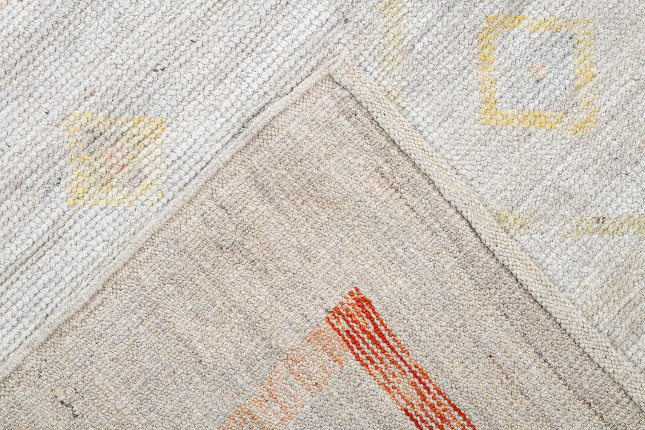 10' x 13' one-of-a-kind handmade vintage Tulu large size rug. Color palette: ivory, coral, sky_blue, pale_blue, soft_yellow