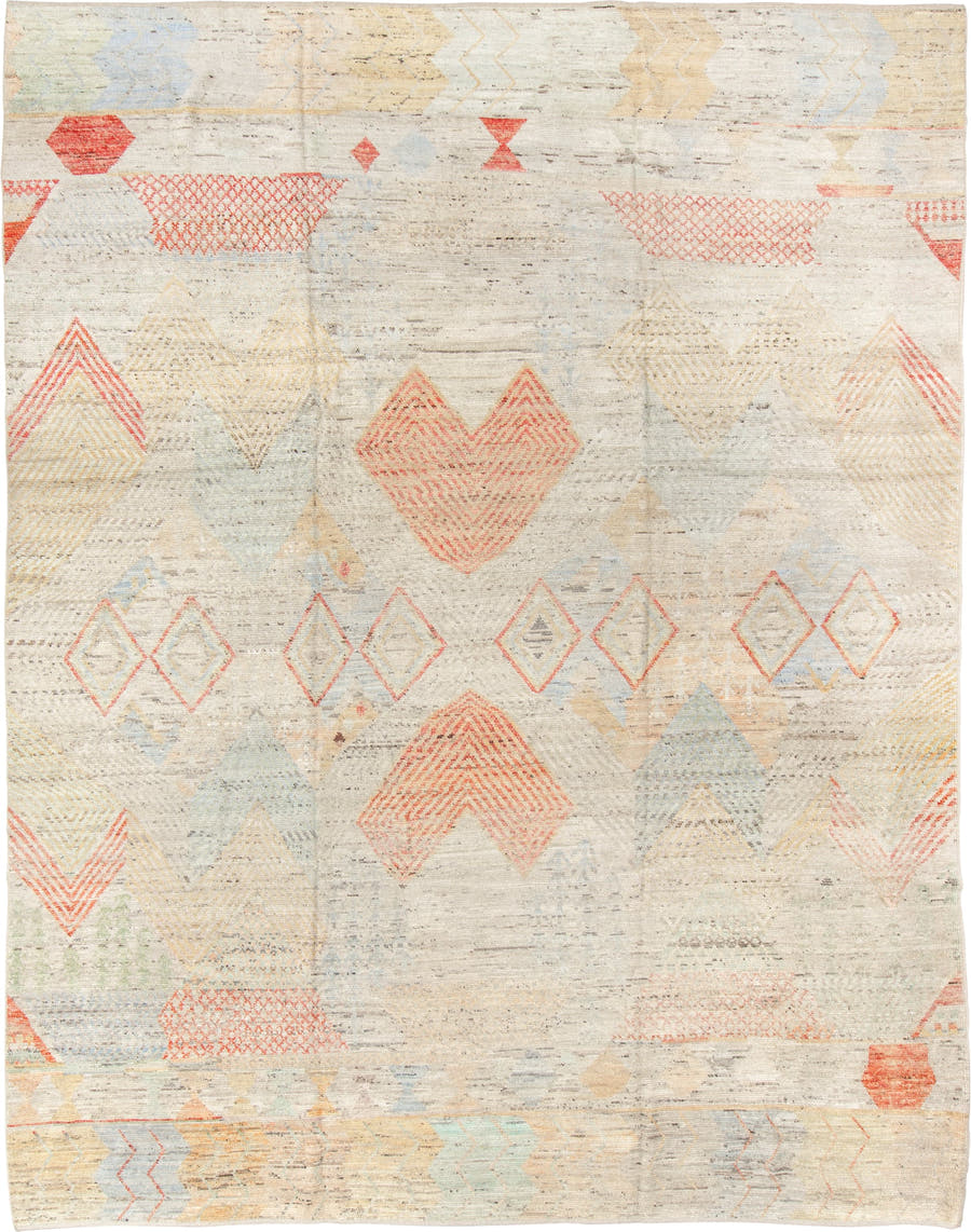 10' x 13' one-of-a-kind handmade vintage Tulu large size rug. Color palette: ivory, coral, pale gold, powder blue, beige