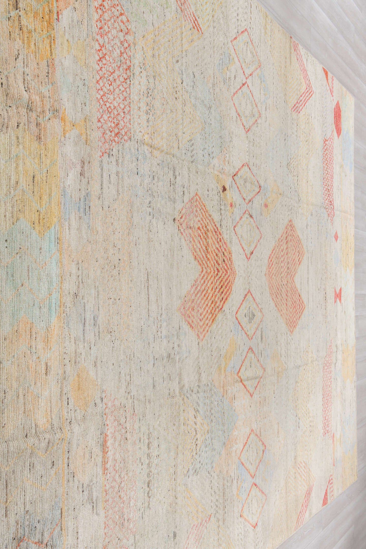 10' x 13' one-of-a-kind handmade vintage Tulu large size rug. Color palette: ivory, coral, pale gold, powder blue, beige