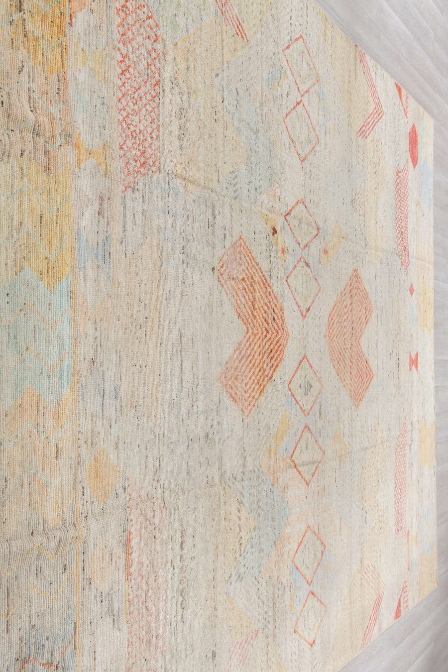 10' x 13' one-of-a-kind handmade vintage Tulu large size rug. Color palette: ivory, coral, pale gold, powder blue, beige