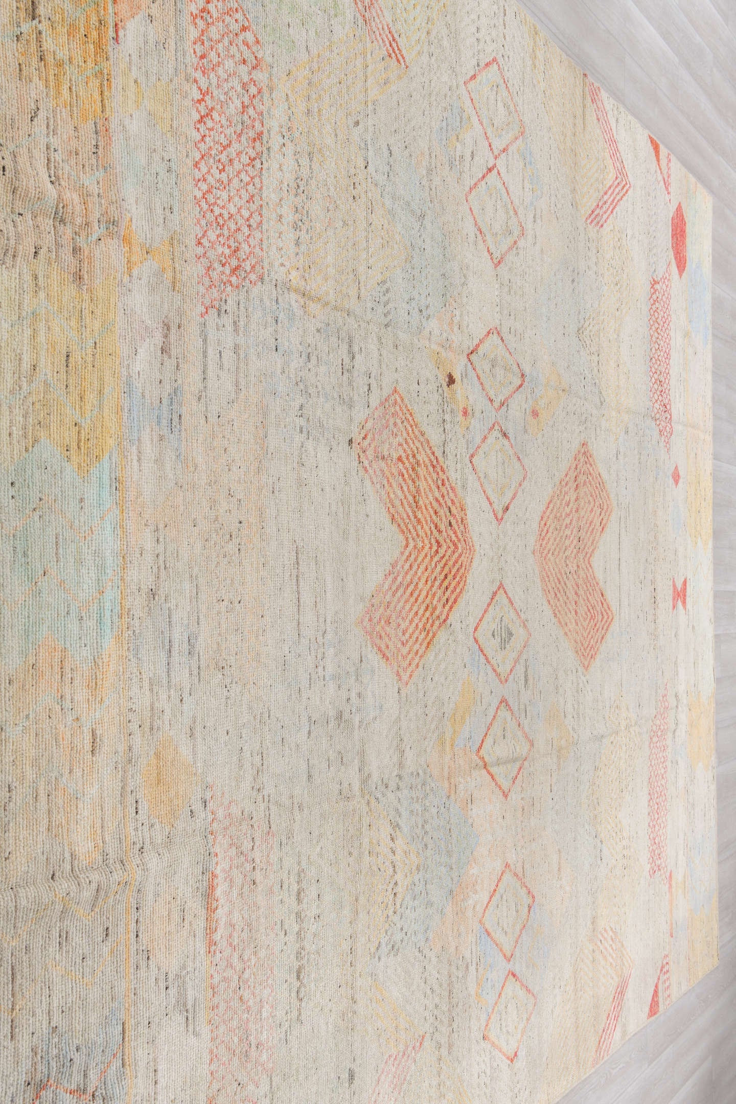 10' x 13' one-of-a-kind handmade vintage Tulu large size rug. Color palette: ivory, coral, pale gold, powder blue, beige
