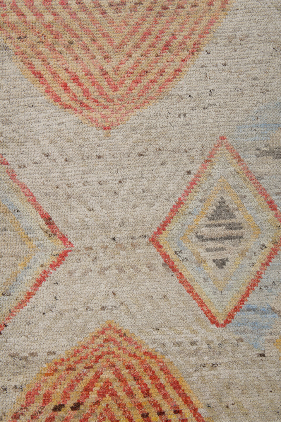 10' x 13' one-of-a-kind handmade vintage Tulu large size rug. Color palette: ivory, coral, pale gold, powder blue, beige