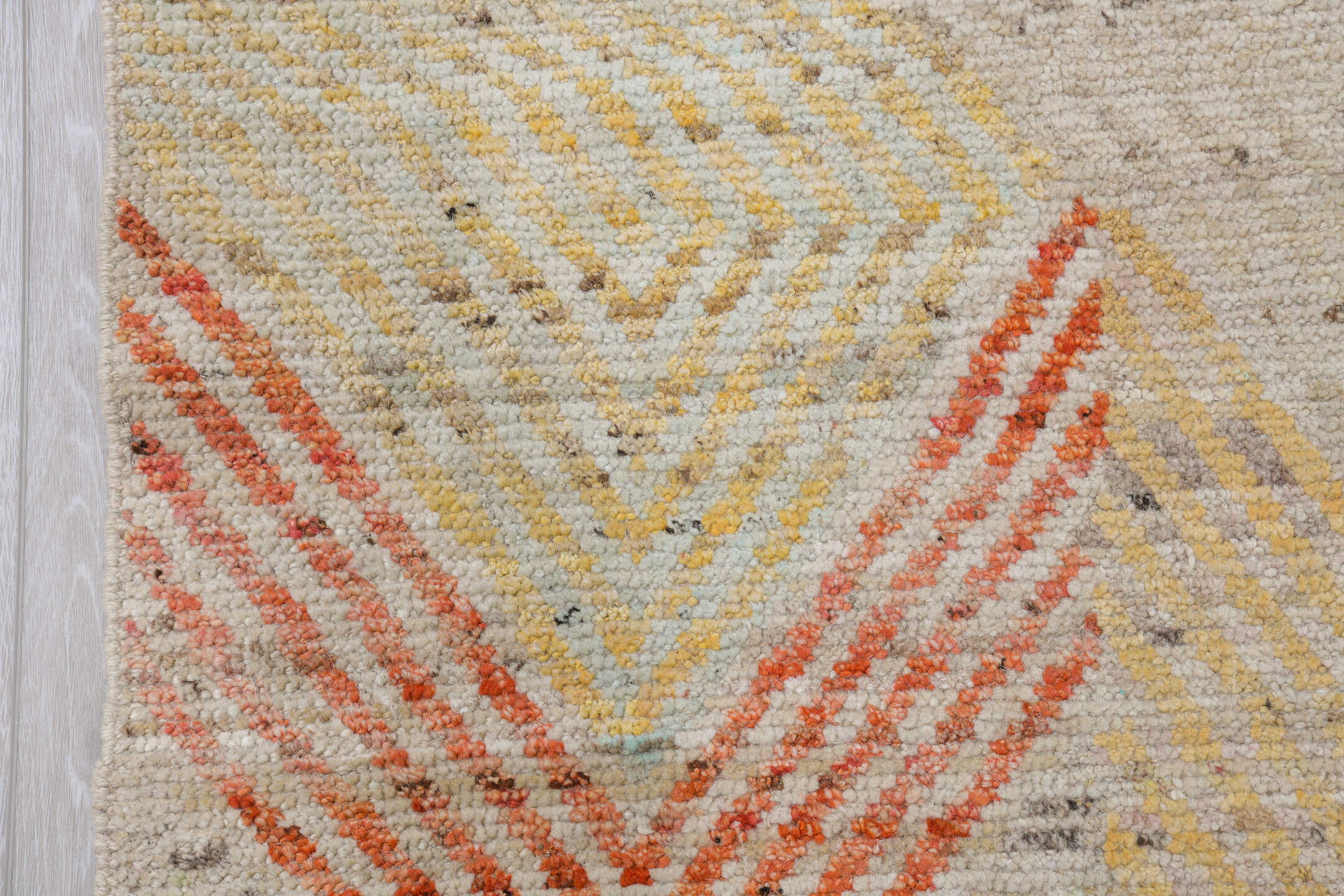 10' x 13' one-of-a-kind handmade vintage Tulu large size rug. Color palette: ivory, coral, pale gold, powder blue, beige