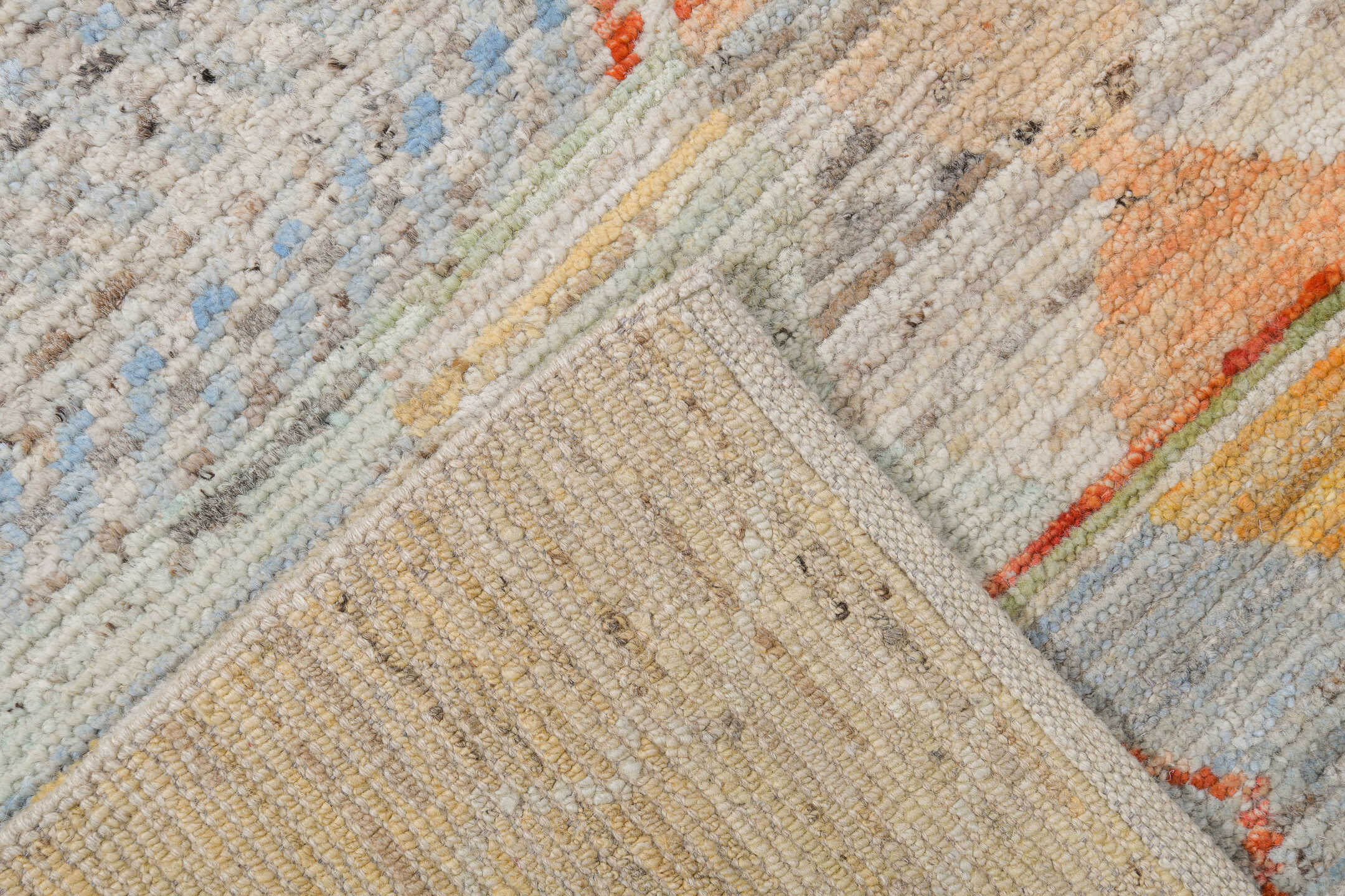 10' x 13' one-of-a-kind handmade vintage Tulu large size rug. Color palette: ivory, coral, pale gold, powder blue, beige