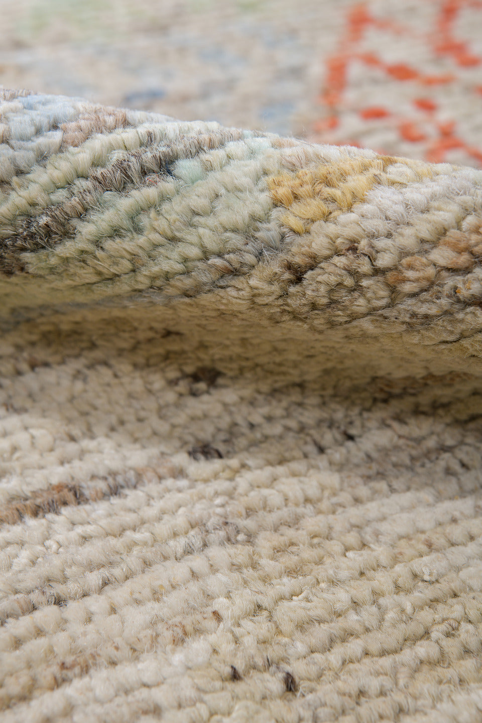 10' x 13' one-of-a-kind handmade vintage Tulu large size rug. Color palette: ivory, coral, pale gold, powder blue, beige