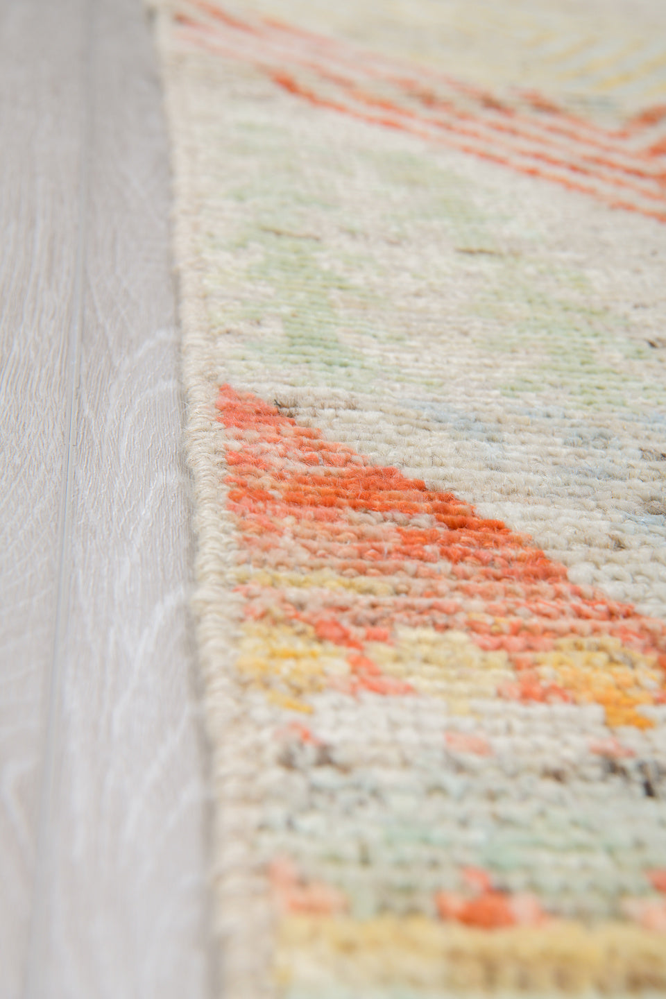 10' x 13' one-of-a-kind handmade vintage Tulu large size rug. Color palette: ivory, coral, pale gold, powder blue, beige