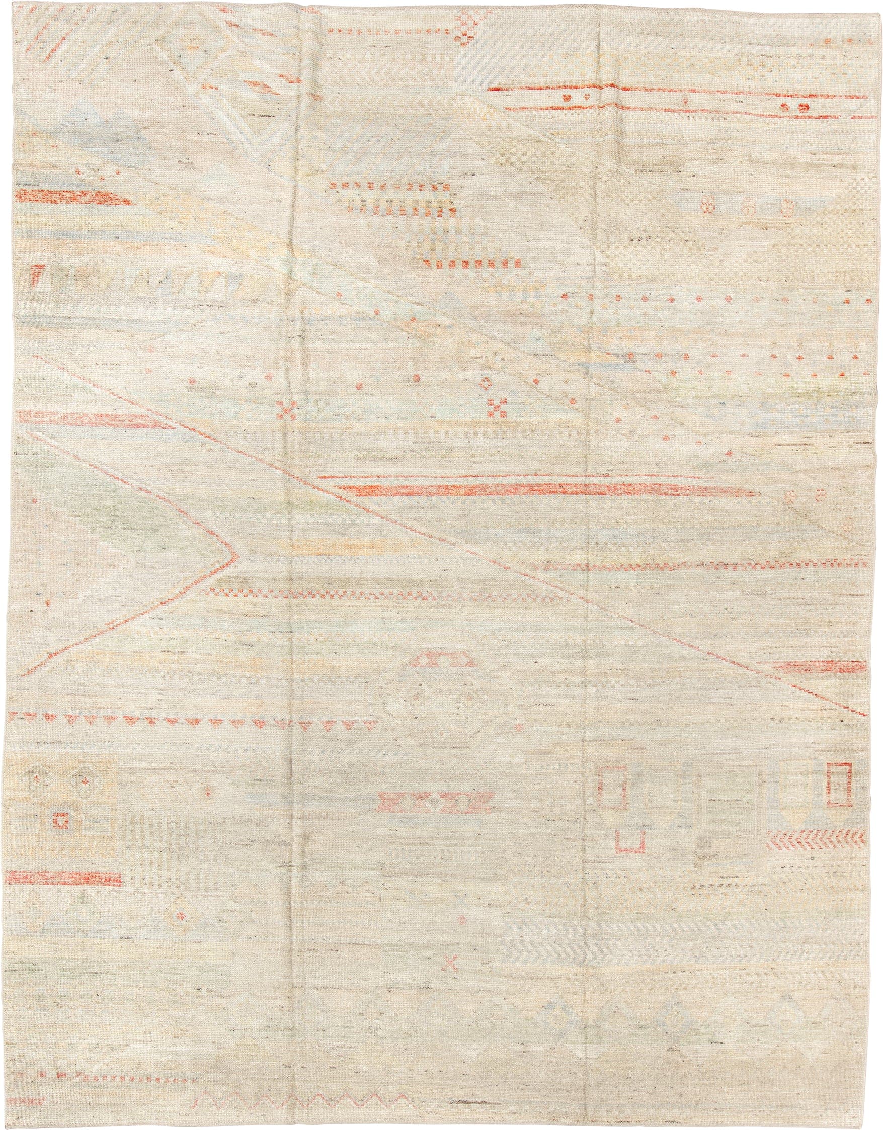10' x 13' one-of-a-kind handmade vintage Tulu large size rug. Color palette: ivory, cream, blush, coral, pale sage, sand