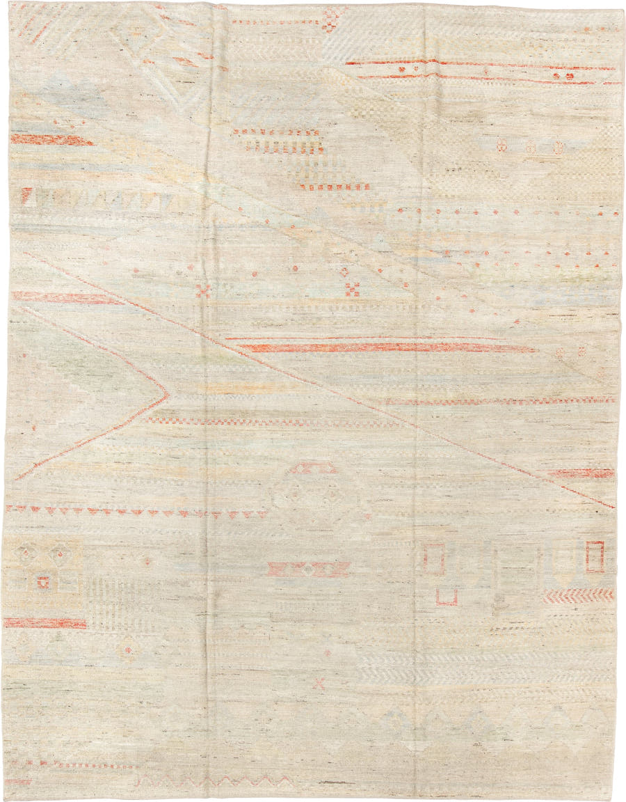 10' x 13' one-of-a-kind handmade vintage Tulu large size rug. Color palette: ivory, cream, blush, coral, pale sage, sand