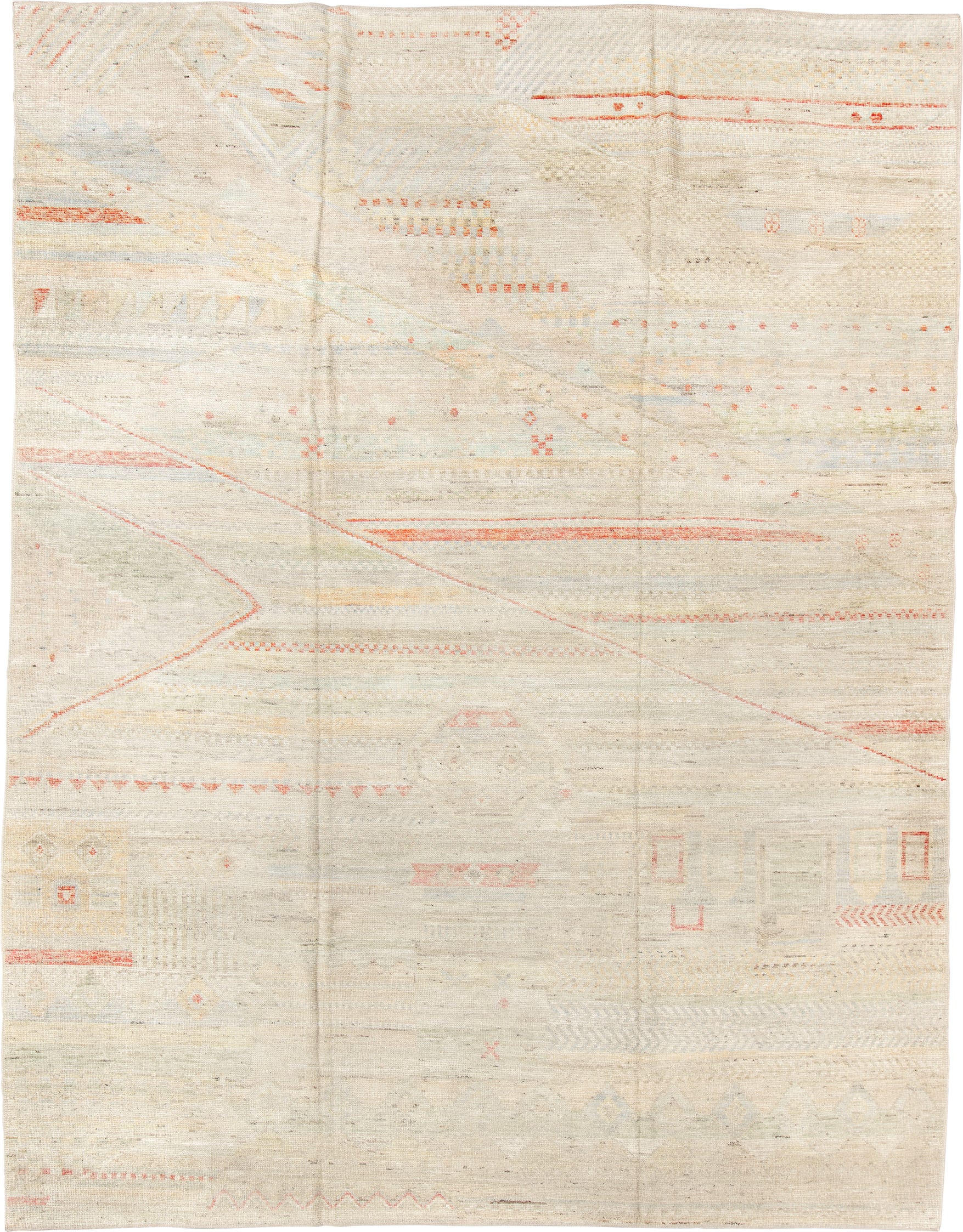 10' x 13' one-of-a-kind handmade vintage Tulu large size rug. Color palette: ivory, cream, blush, coral, pale sage, sand