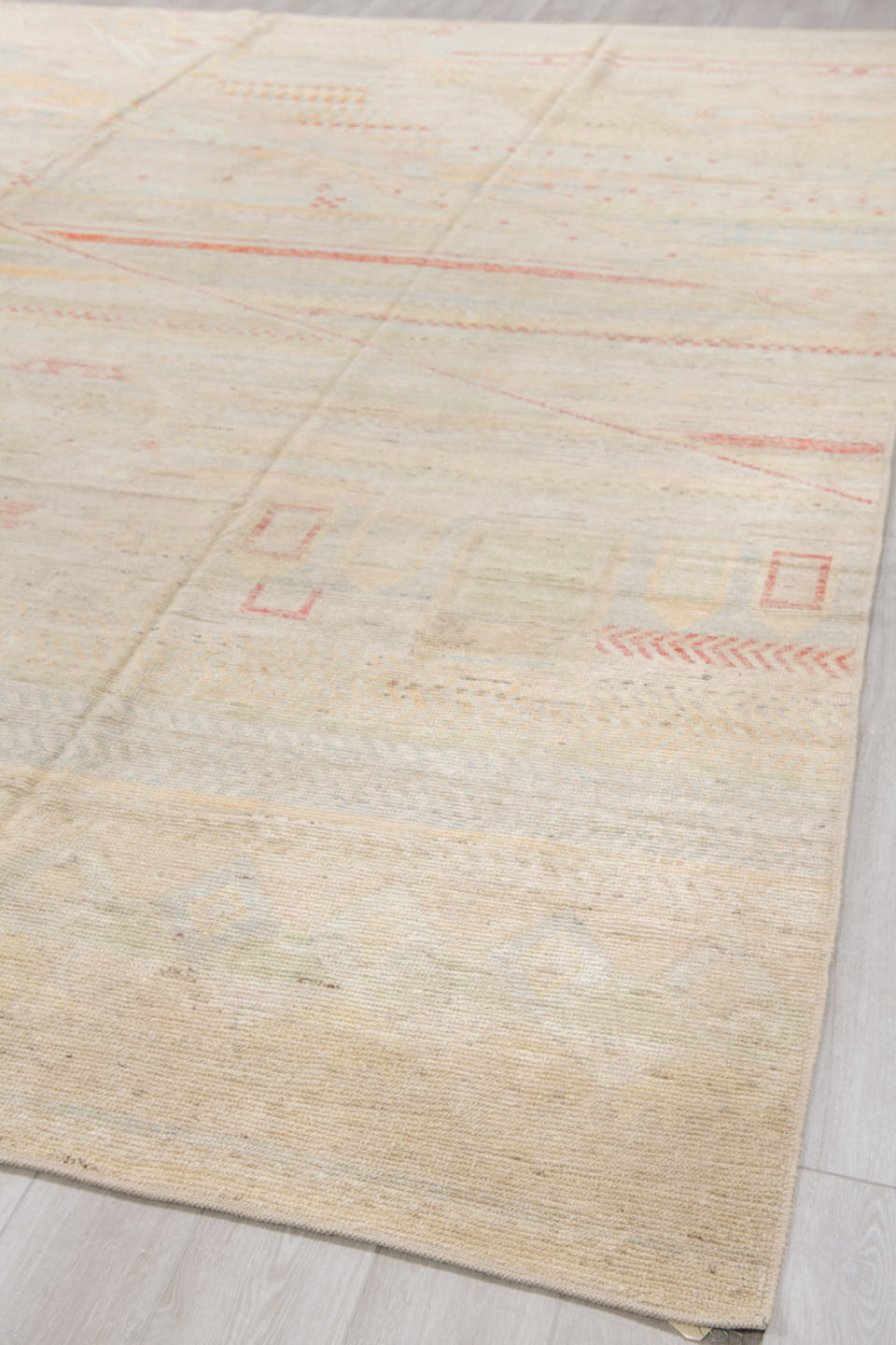 10' x 13' one-of-a-kind handmade vintage Tulu large size rug. Color palette: ivory, cream, blush, coral, pale sage, sand