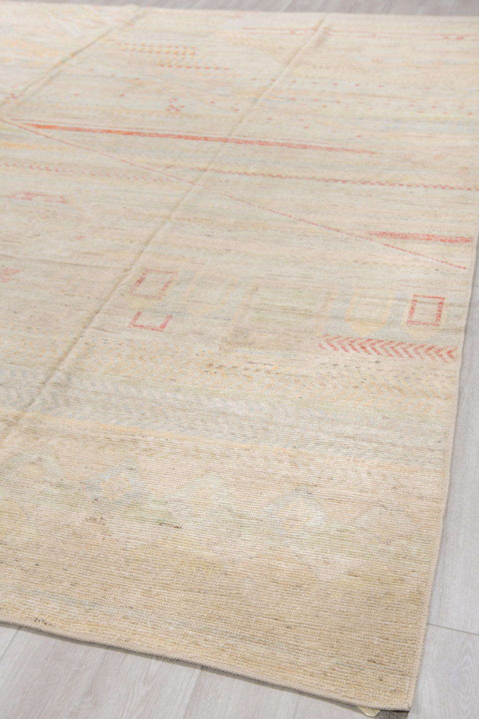 10' x 13' one-of-a-kind handmade vintage Tulu large size rug. Color palette: ivory, cream, blush, coral, pale sage, sand