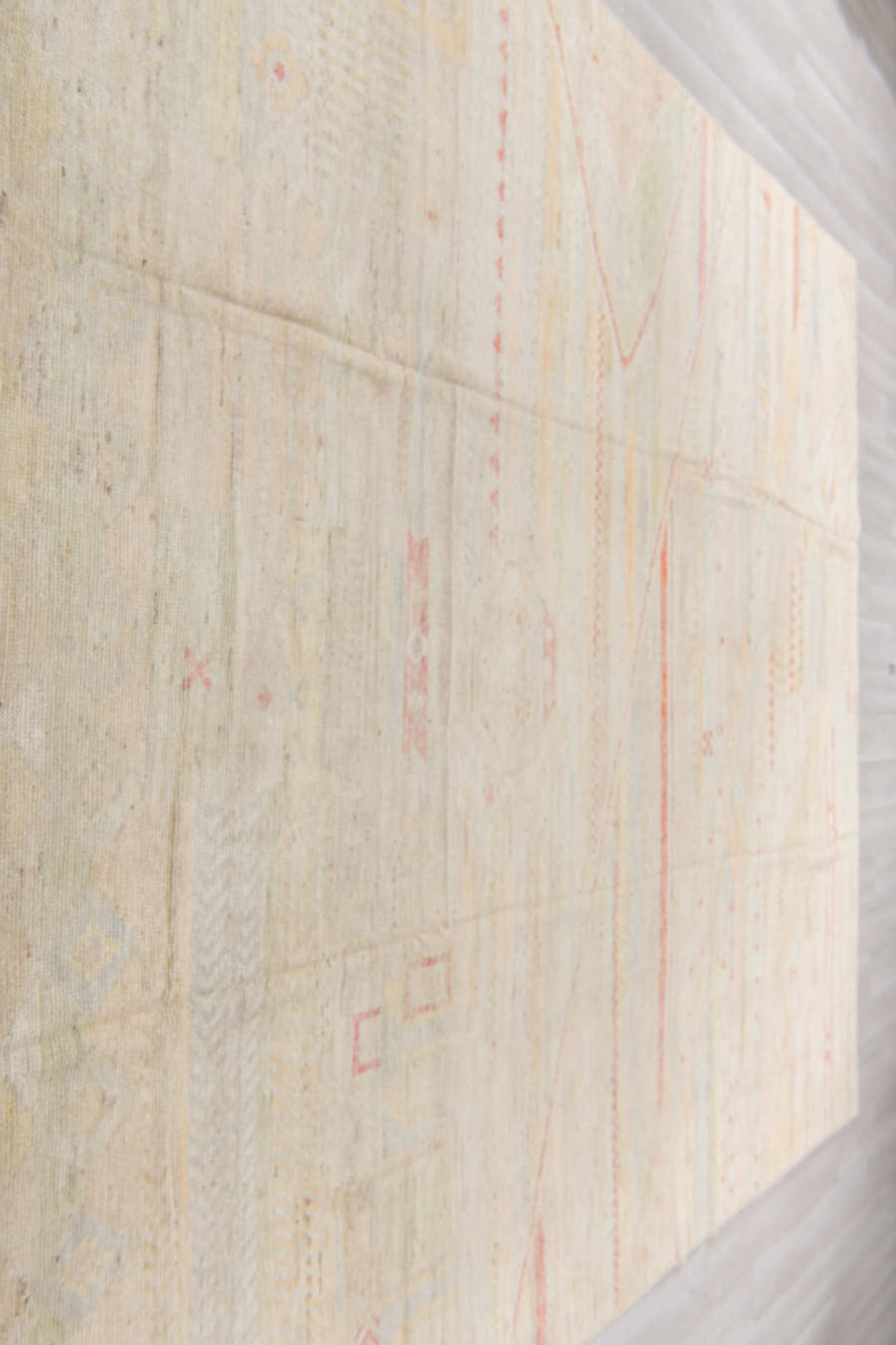 10' x 13' one-of-a-kind handmade vintage Tulu large size rug. Color palette: ivory, cream, blush, coral, pale sage, sand
