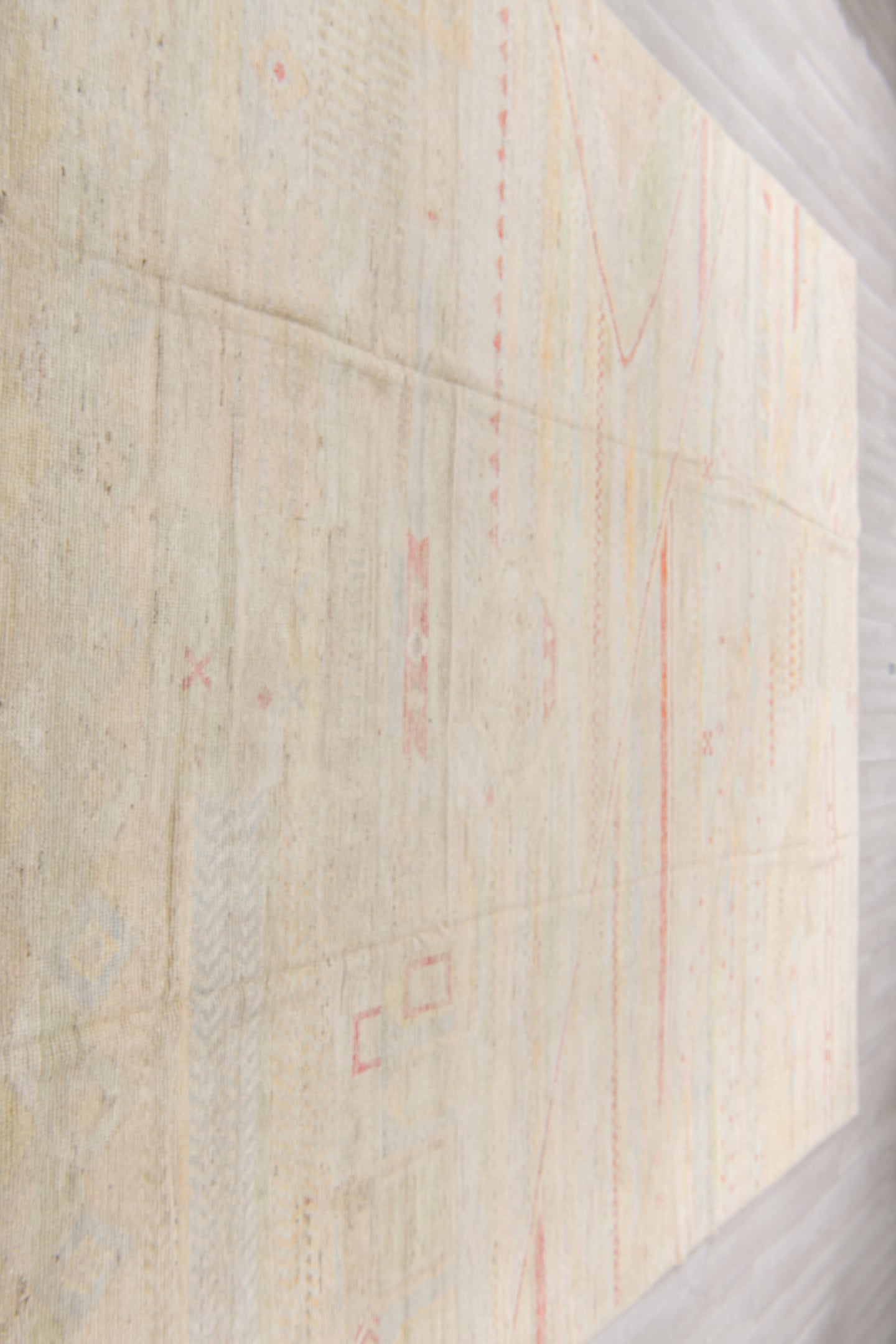10' x 13' one-of-a-kind handmade vintage Tulu large size rug. Color palette: ivory, cream, blush, coral, pale sage, sand