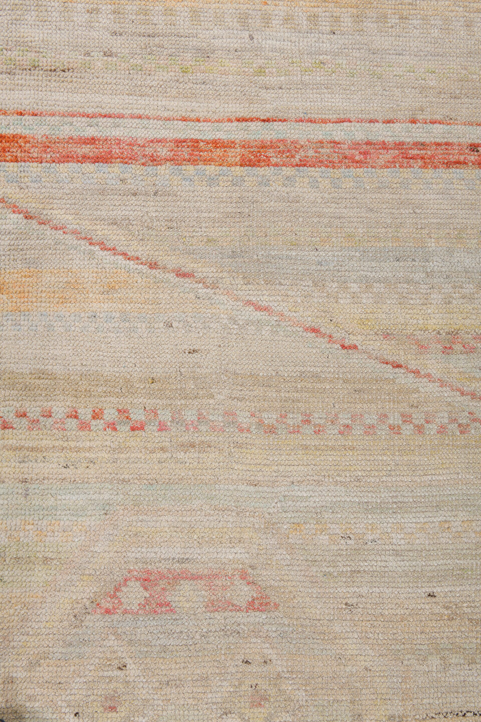10' x 13' one-of-a-kind handmade vintage Tulu large size rug. Color palette: ivory, cream, blush, coral, pale sage, sand
