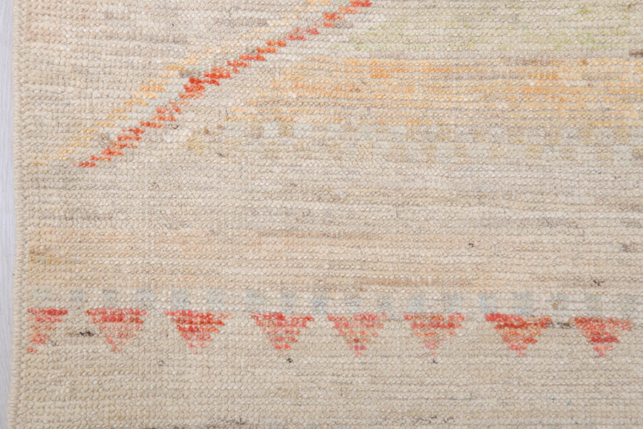 10' x 13' one-of-a-kind handmade vintage Tulu large size rug. Color palette: ivory, cream, blush, coral, pale sage, sand