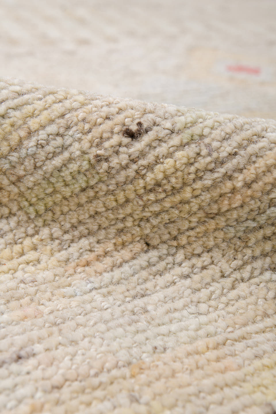 10' x 13' one-of-a-kind handmade vintage Tulu large size rug. Color palette: ivory, cream, blush, coral, pale sage, sand
