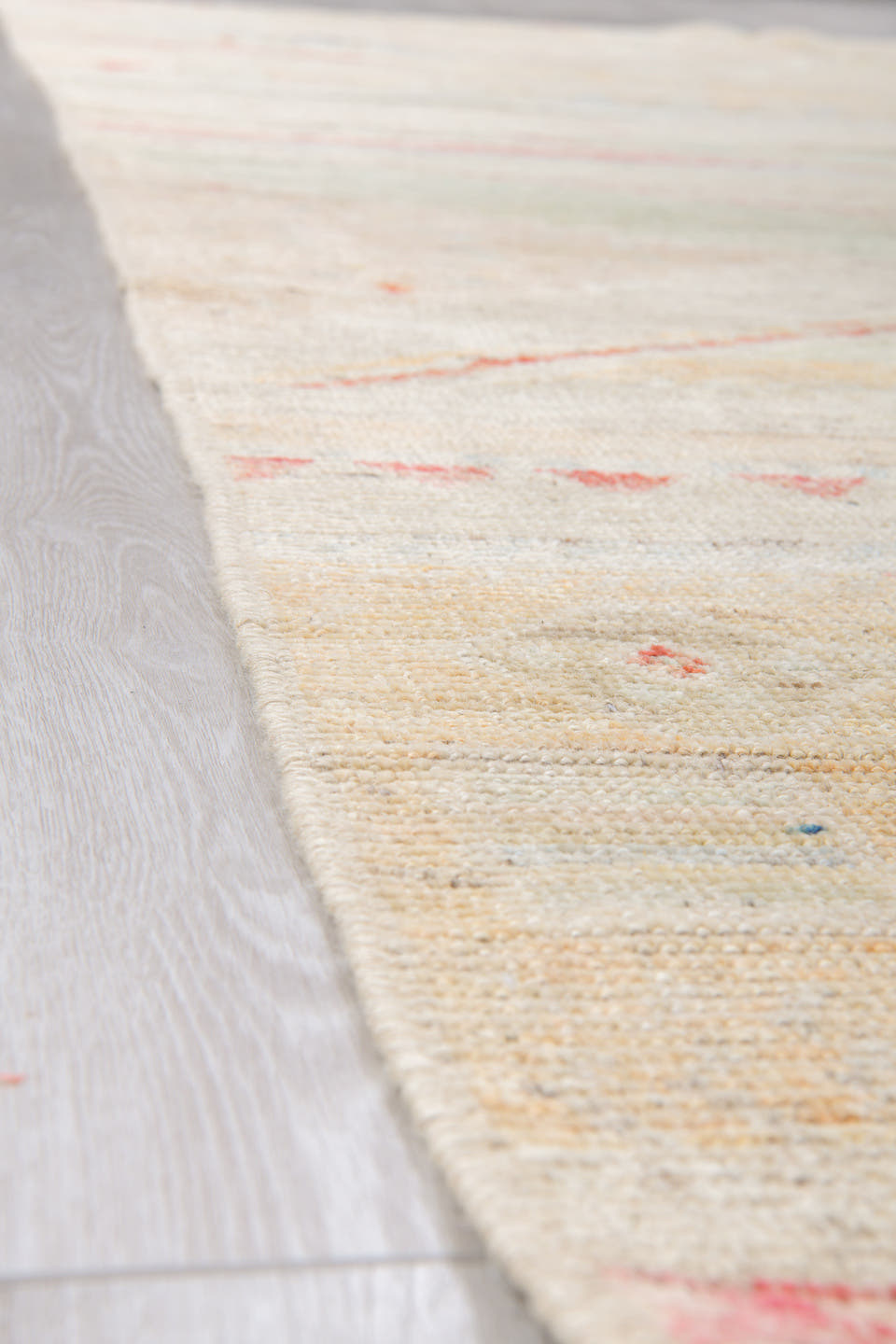 10' x 13' one-of-a-kind handmade vintage Tulu large size rug. Color palette: ivory, cream, blush, coral, pale sage, sand