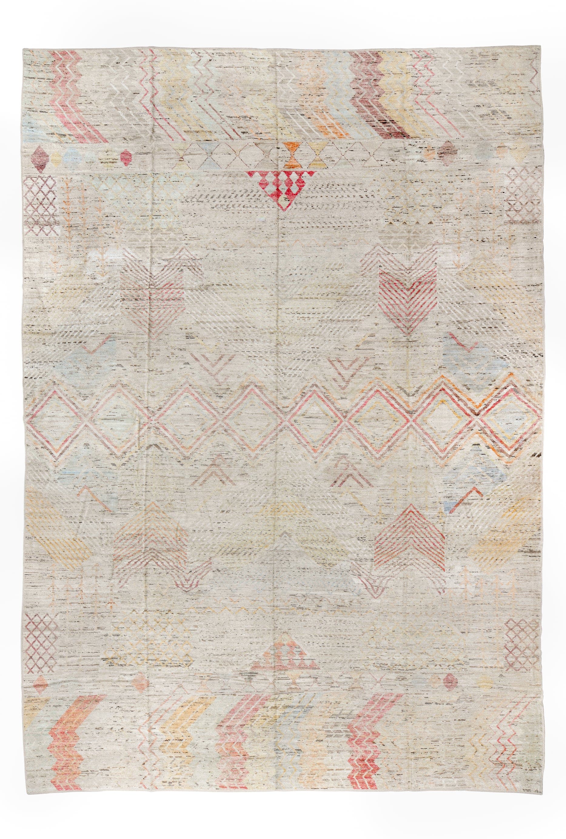 13' x 19' one-of-a-kind handmade vintage Tulu oversize rug. Color palette: ivory, blush, pale blue, saffron, coral, taupe
