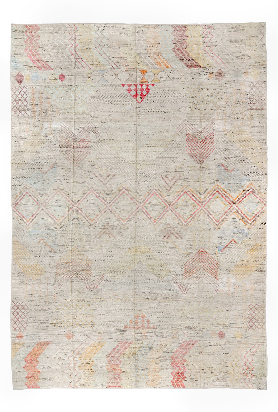 13' x 19' one-of-a-kind handmade vintage Tulu oversize rug. Color palette: ivory, blush, pale blue, saffron, coral, taupe
