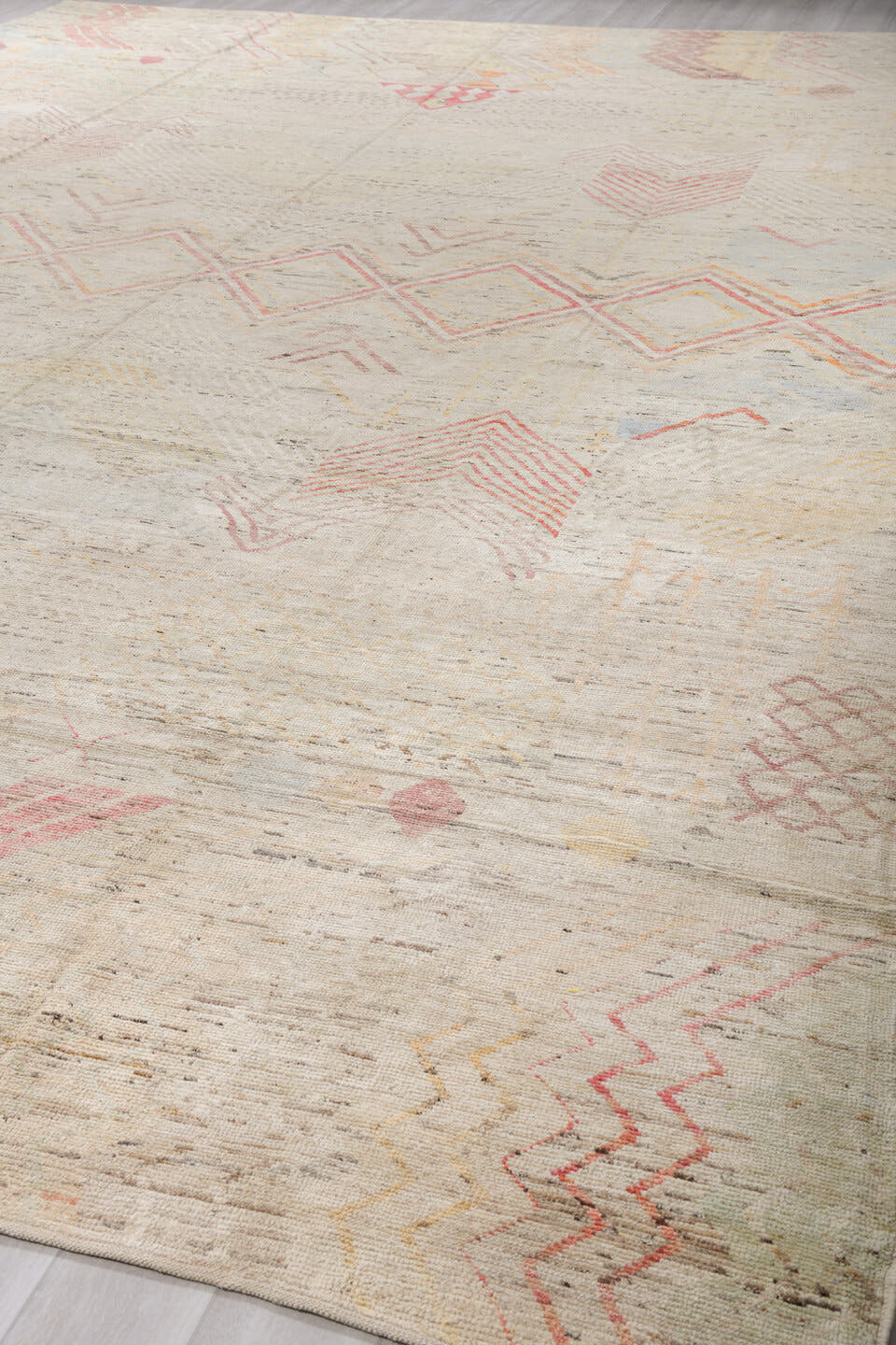 13' x 19' one-of-a-kind handmade vintage Tulu oversize rug. Color palette: ivory, blush, pale blue, saffron, coral, taupe