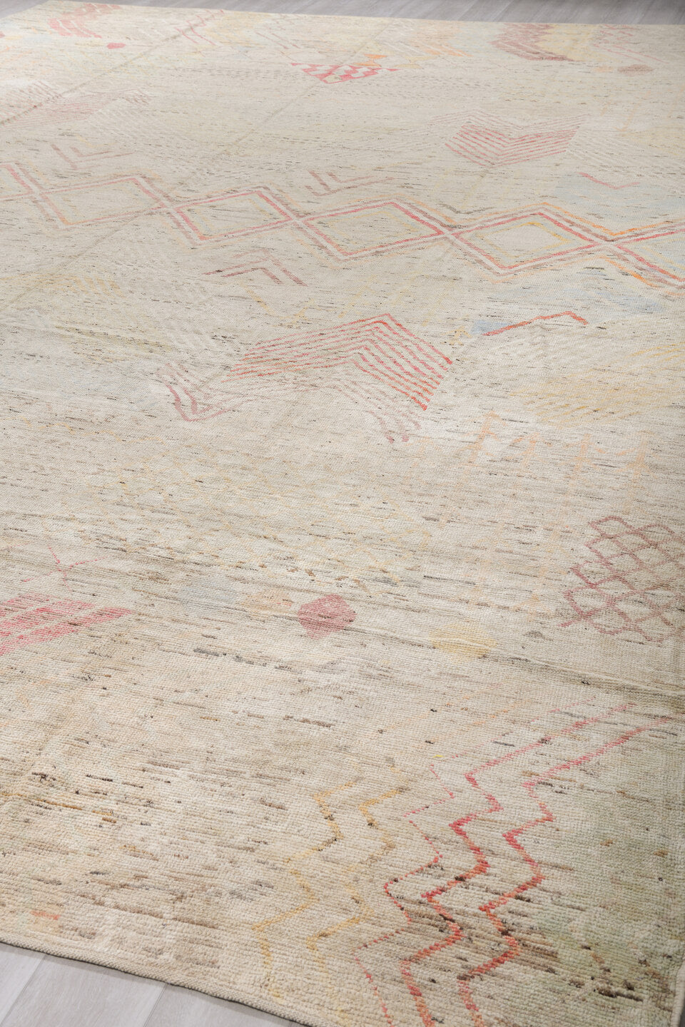 13' x 19' one-of-a-kind handmade vintage Tulu oversize rug. Color palette: ivory, blush, pale blue, saffron, coral, taupe