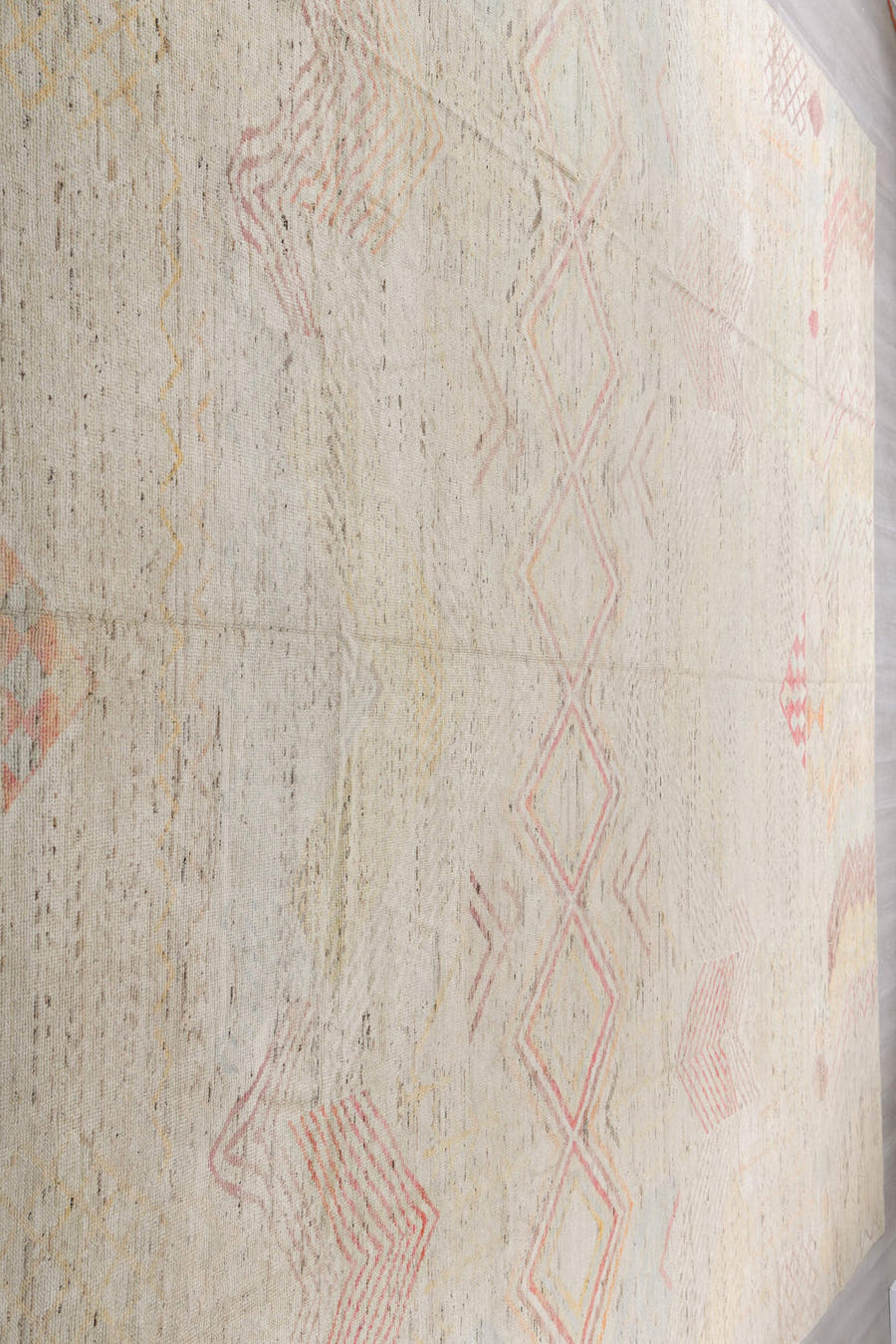 13' x 19' one-of-a-kind handmade vintage Tulu oversize rug. Color palette: ivory, blush, pale blue, saffron, coral, taupe