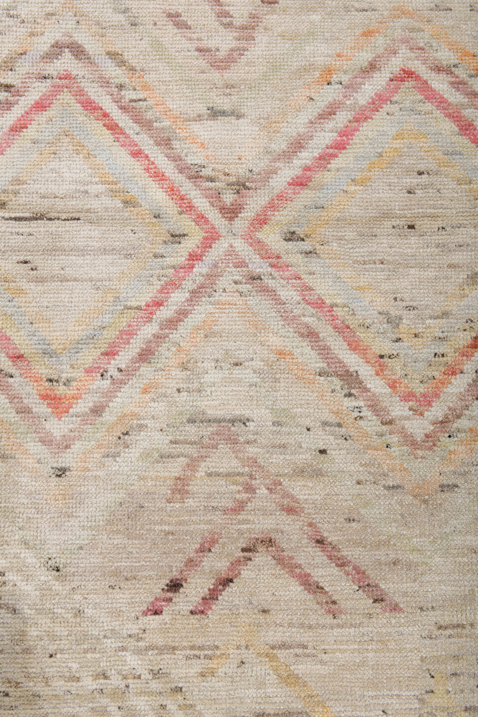 13' x 19' one-of-a-kind handmade vintage Tulu oversize rug. Color palette: ivory, blush, pale blue, saffron, coral, taupe