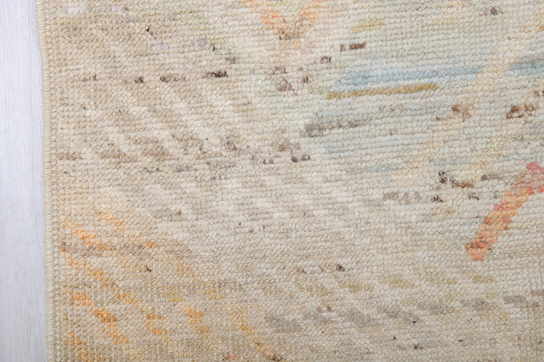 13' x 19' one-of-a-kind handmade vintage Tulu oversize rug. Color palette: ivory, blush, pale blue, saffron, coral, taupe