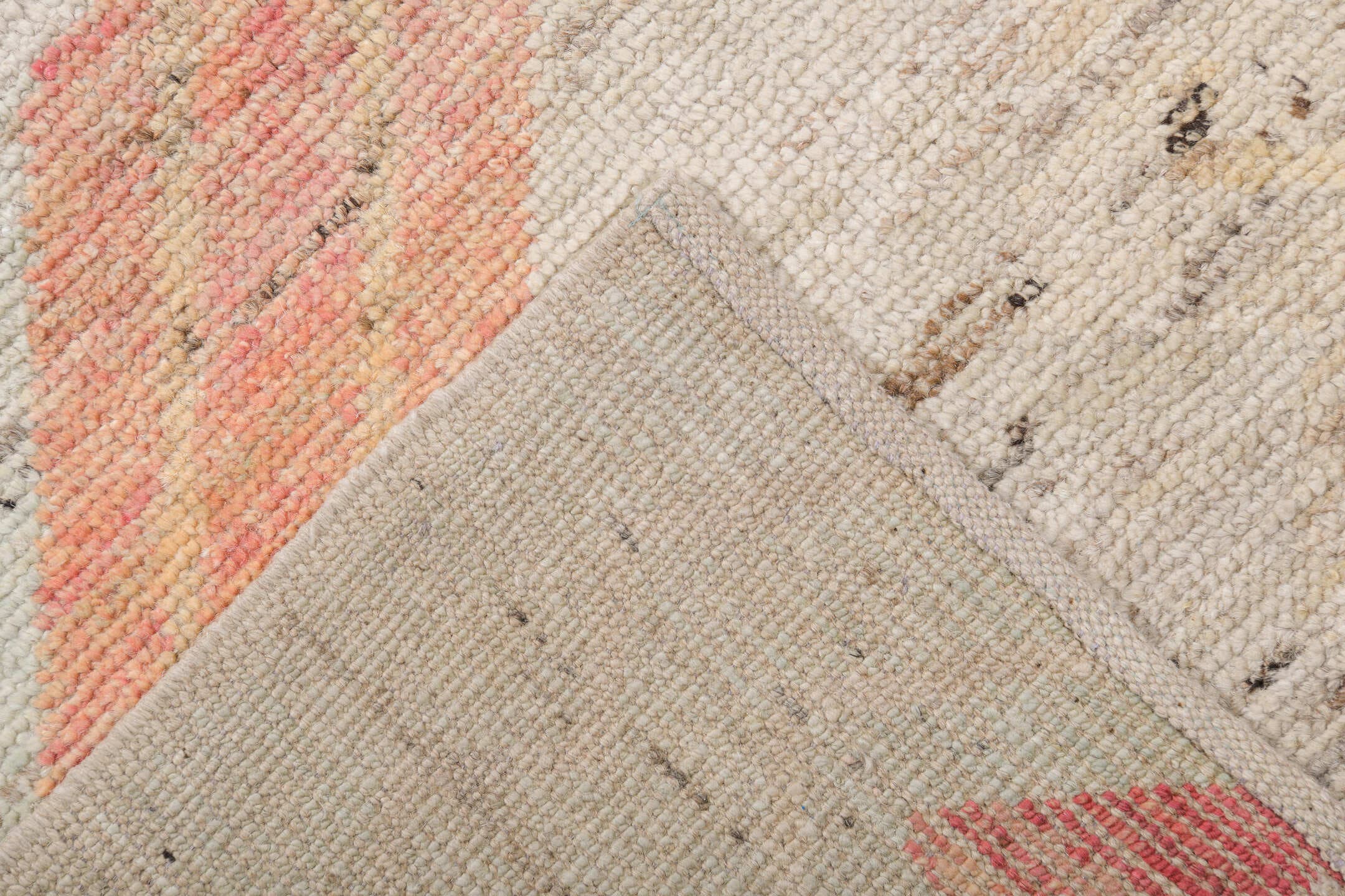 13' x 19' one-of-a-kind handmade vintage Tulu oversize rug. Color palette: ivory, blush, pale blue, saffron, coral, taupe