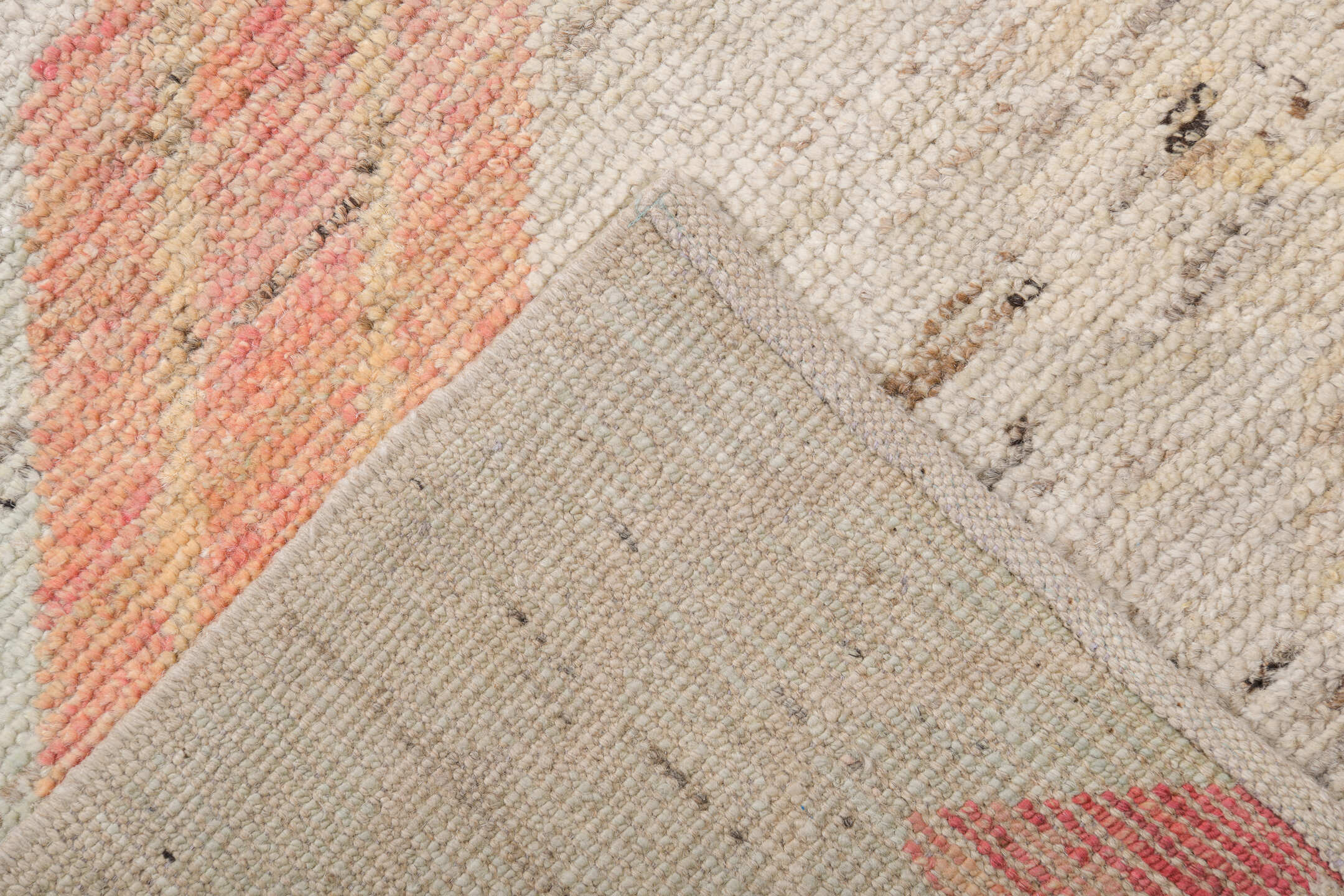 13' x 19' one-of-a-kind handmade vintage Tulu oversize rug. Color palette: ivory, blush, pale blue, saffron, coral, taupe