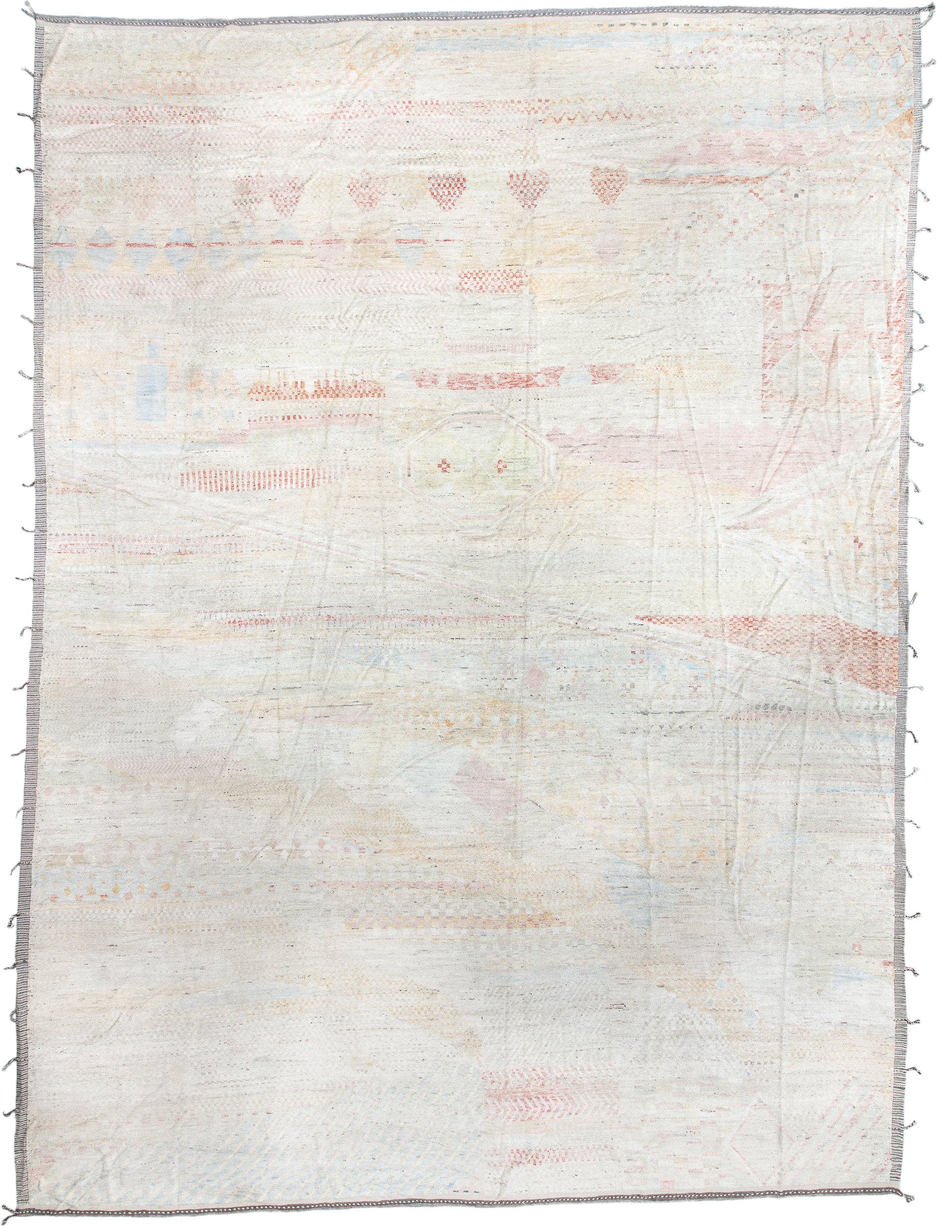 14' x 19' one-of-a-kind handmade vintage Tulu oversize rug. Color palette: ivory, blush, powder_blue, faded_coral, pale_gold