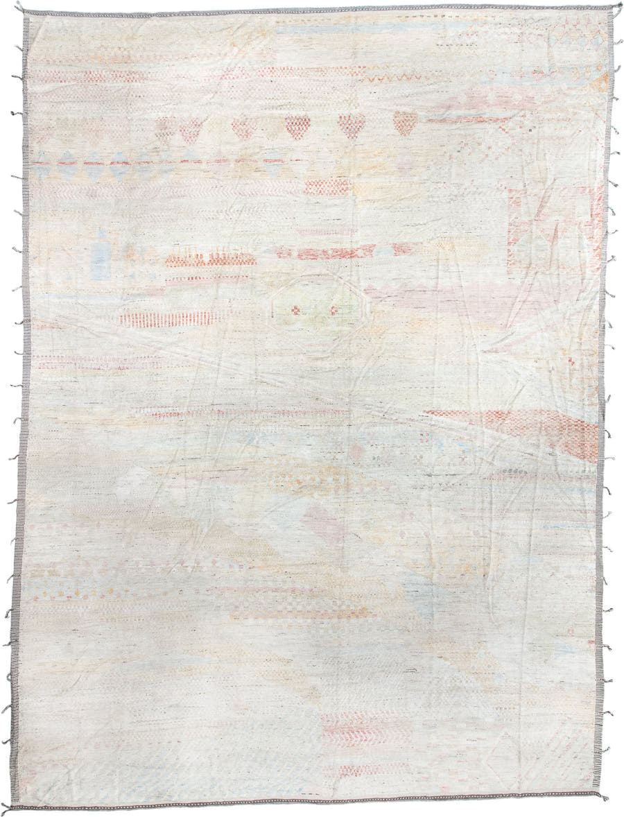 14' x 19' one-of-a-kind handmade vintage Tulu oversize rug. Color palette: ivory, blush, powder_blue, faded_coral, pale_gold