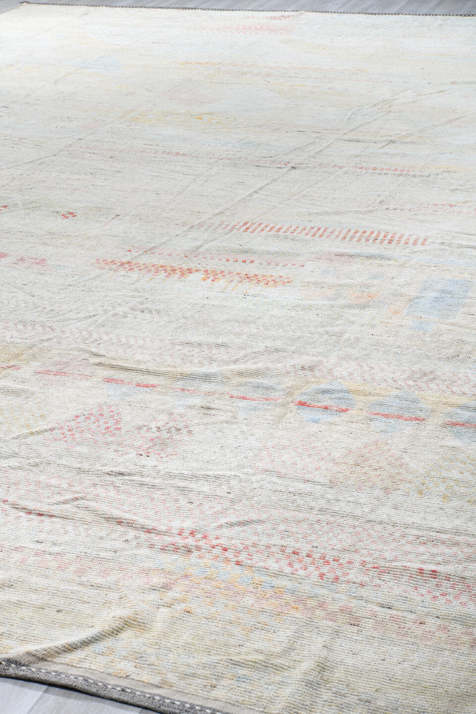 14' x 19' one-of-a-kind handmade vintage Tulu oversize rug. Color palette: ivory, blush, powder_blue, faded_coral, pale_gold