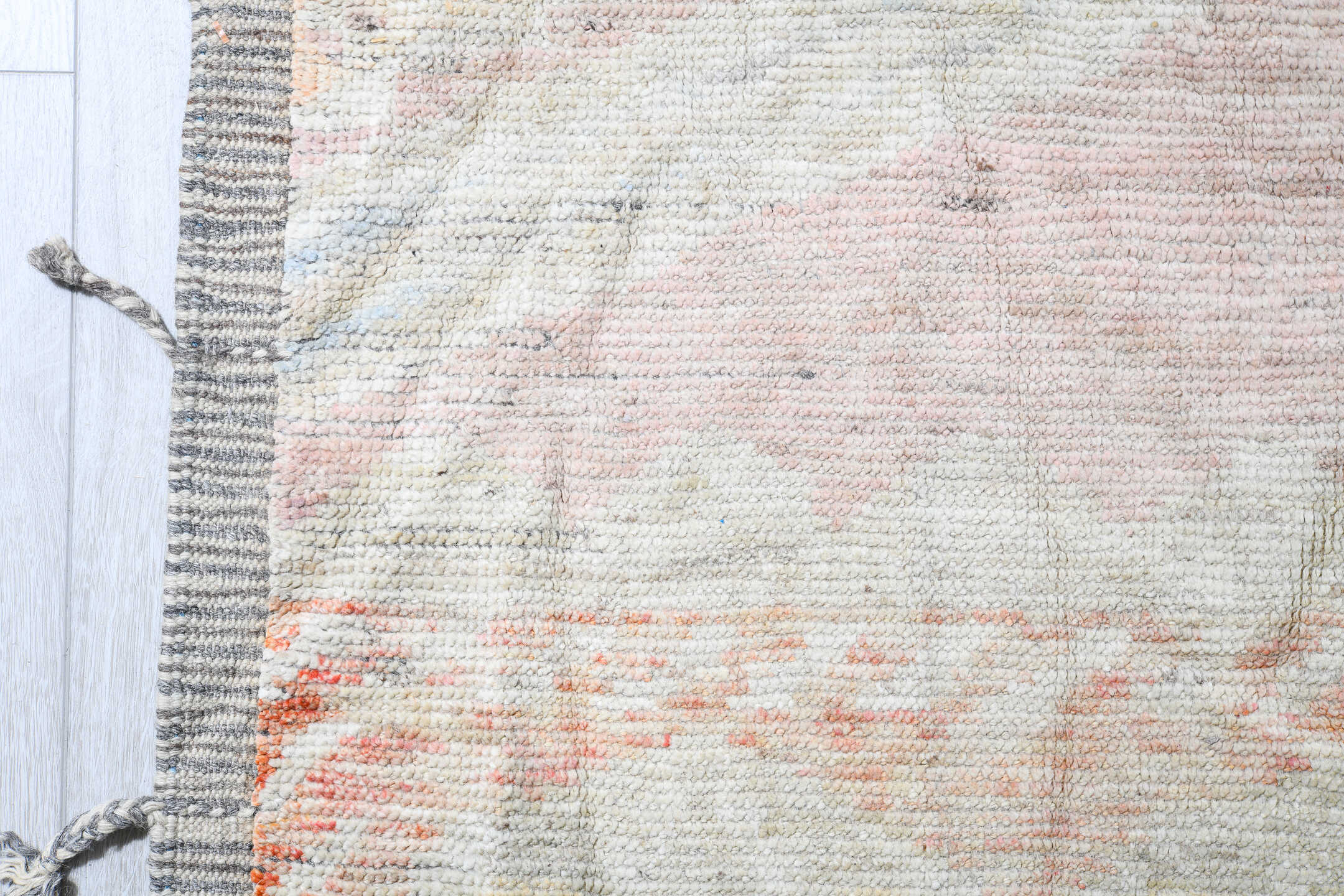 14' x 19' one-of-a-kind handmade vintage Tulu oversize rug. Color palette: ivory, blush, powder_blue, faded_coral, pale_gold