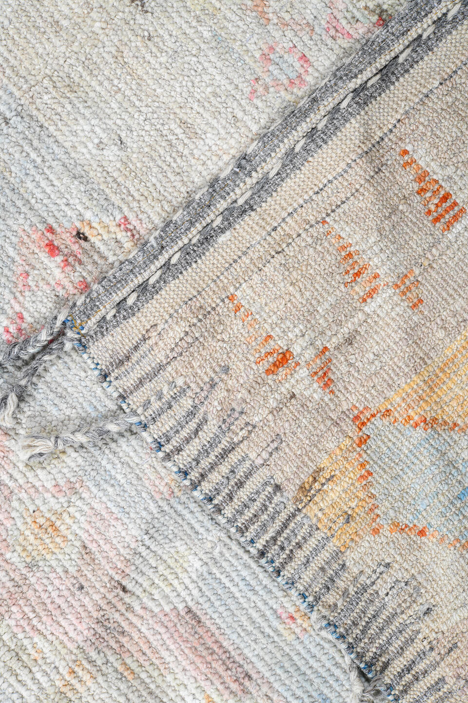 14' x 19' one-of-a-kind handmade vintage Tulu oversize rug. Color palette: ivory, blush, powder_blue, faded_coral, pale_gold