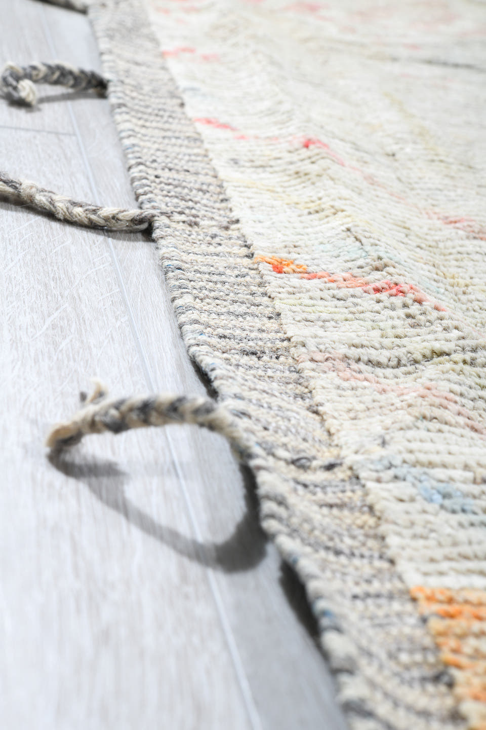 14' x 19' one-of-a-kind handmade vintage Tulu oversize rug. Color palette: ivory, blush, powder_blue, faded_coral, pale_gold