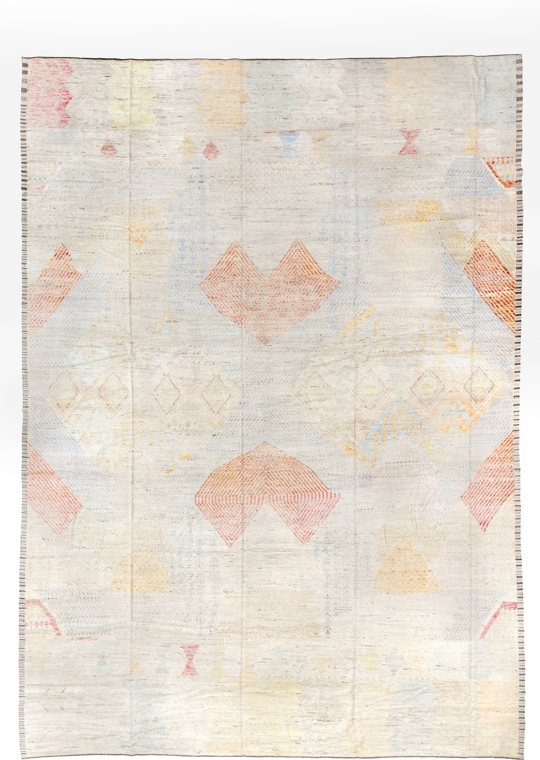 13' x 19' one-of-a-kind handmade vintage Tulu oversize rug. Color palette: ivory, pale blue, coral, soft gold, cream
