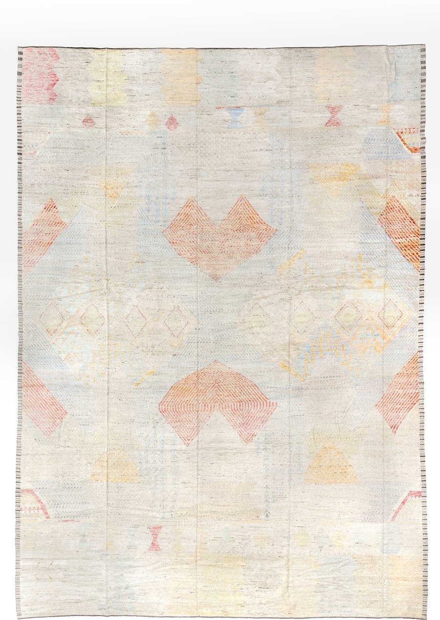 13' x 19' one-of-a-kind handmade vintage Tulu oversize rug. Color palette: ivory, pale blue, coral, soft gold, cream