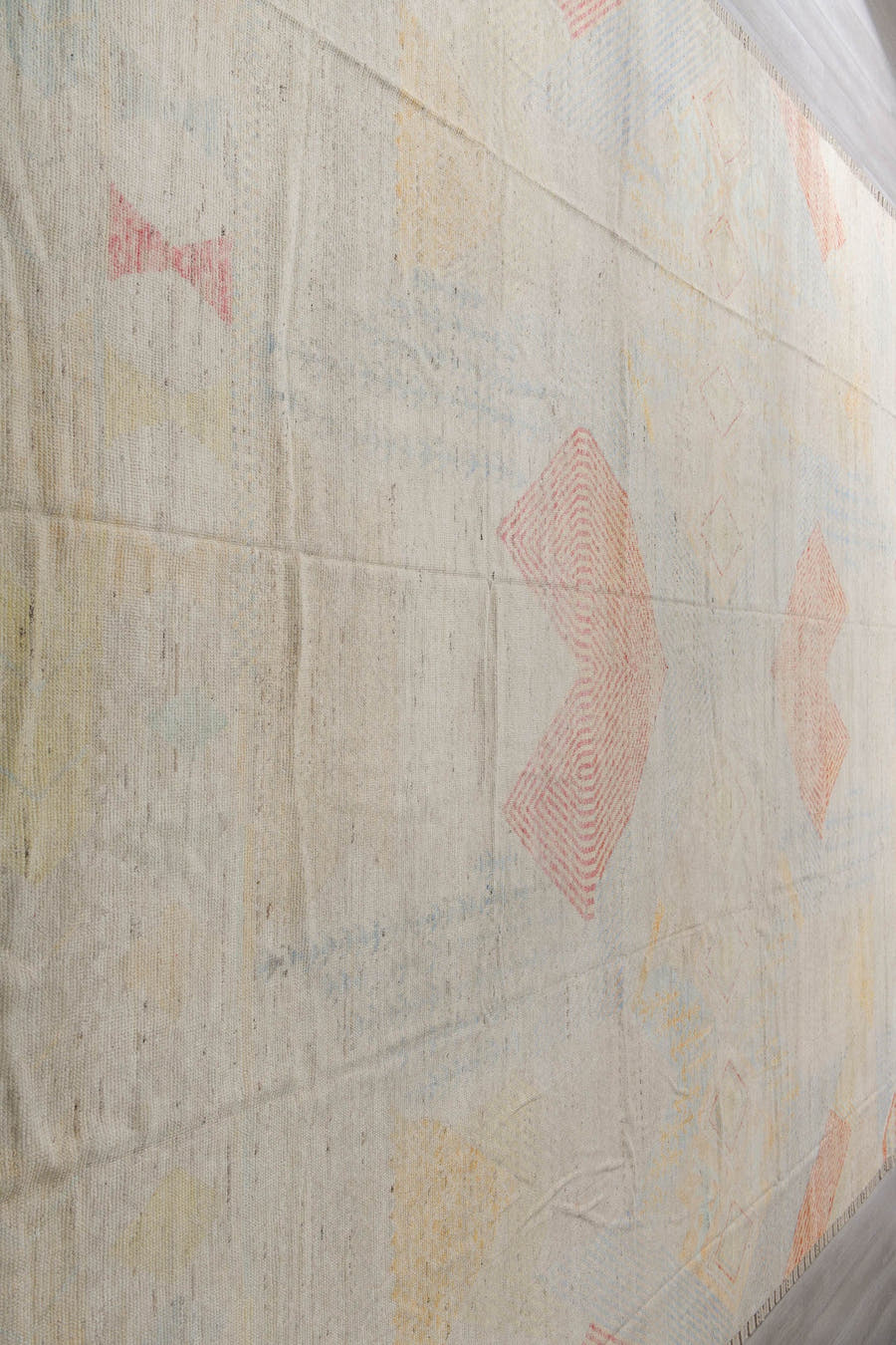 13' x 19' one-of-a-kind handmade vintage Tulu oversize rug. Color palette: ivory, pale blue, coral, soft gold, cream