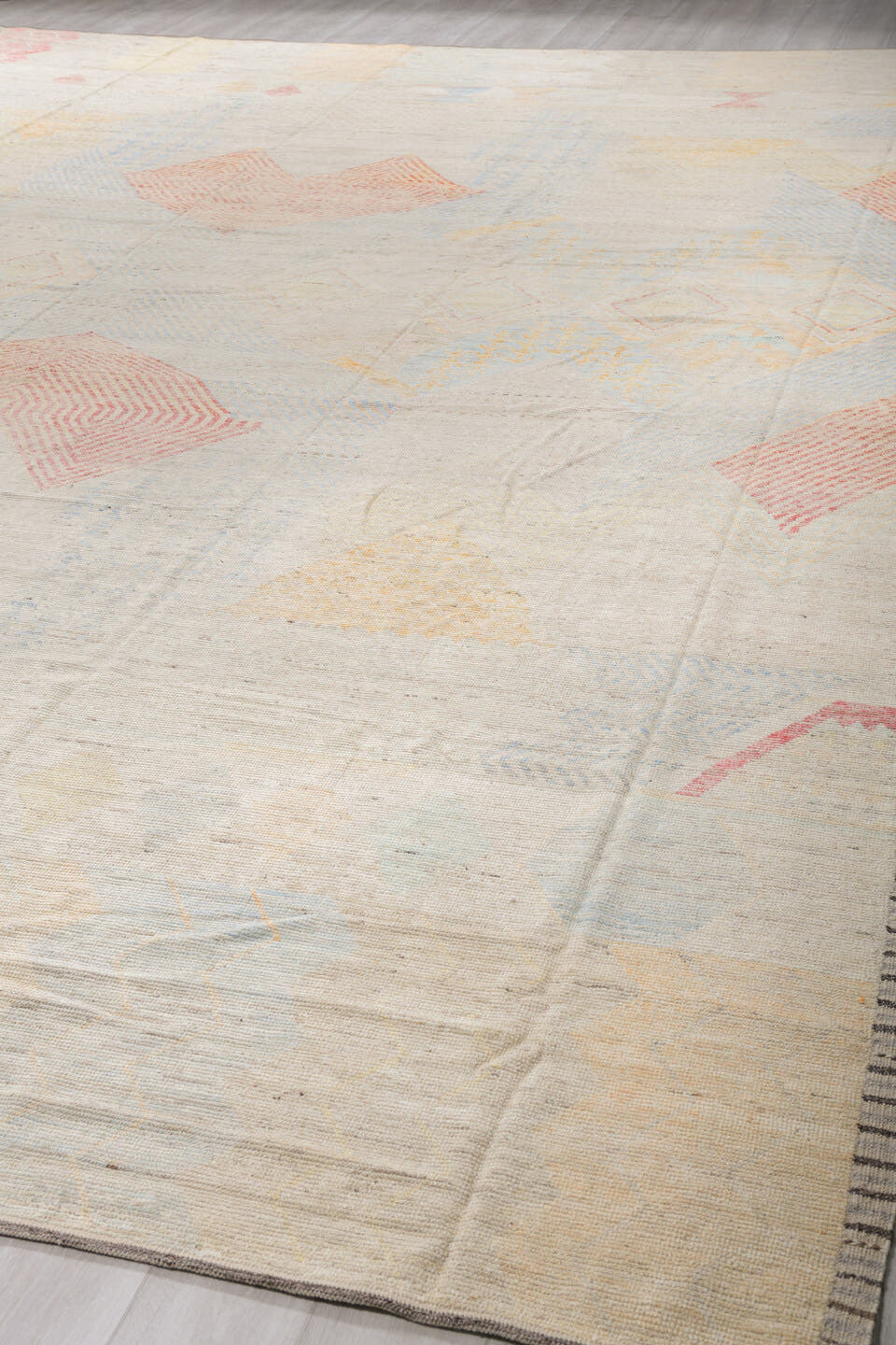 13' x 19' one-of-a-kind handmade vintage Tulu oversize rug. Color palette: ivory, pale blue, coral, soft gold, cream