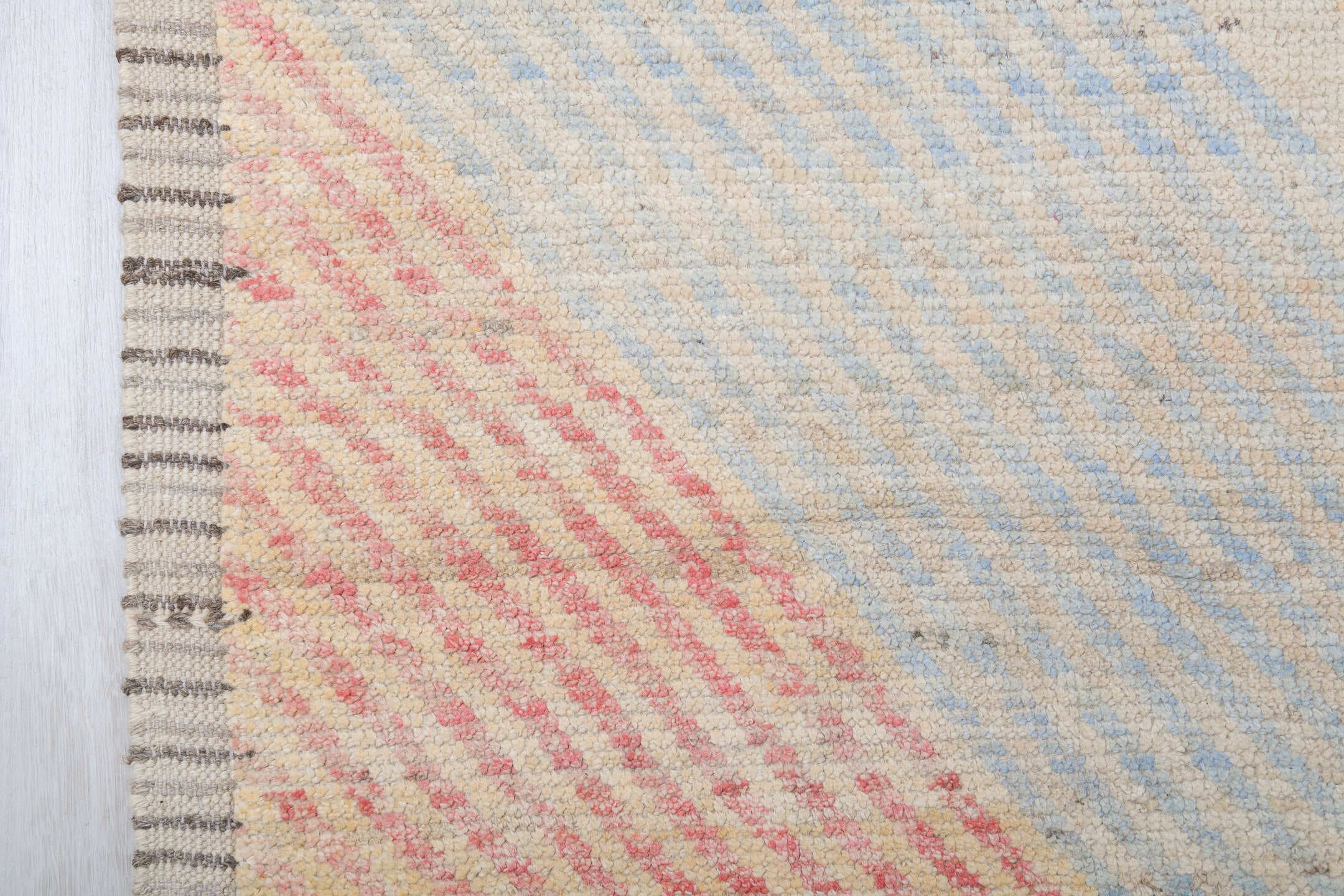 13' x 19' one-of-a-kind handmade vintage Tulu oversize rug. Color palette: ivory, pale blue, coral, soft gold, cream