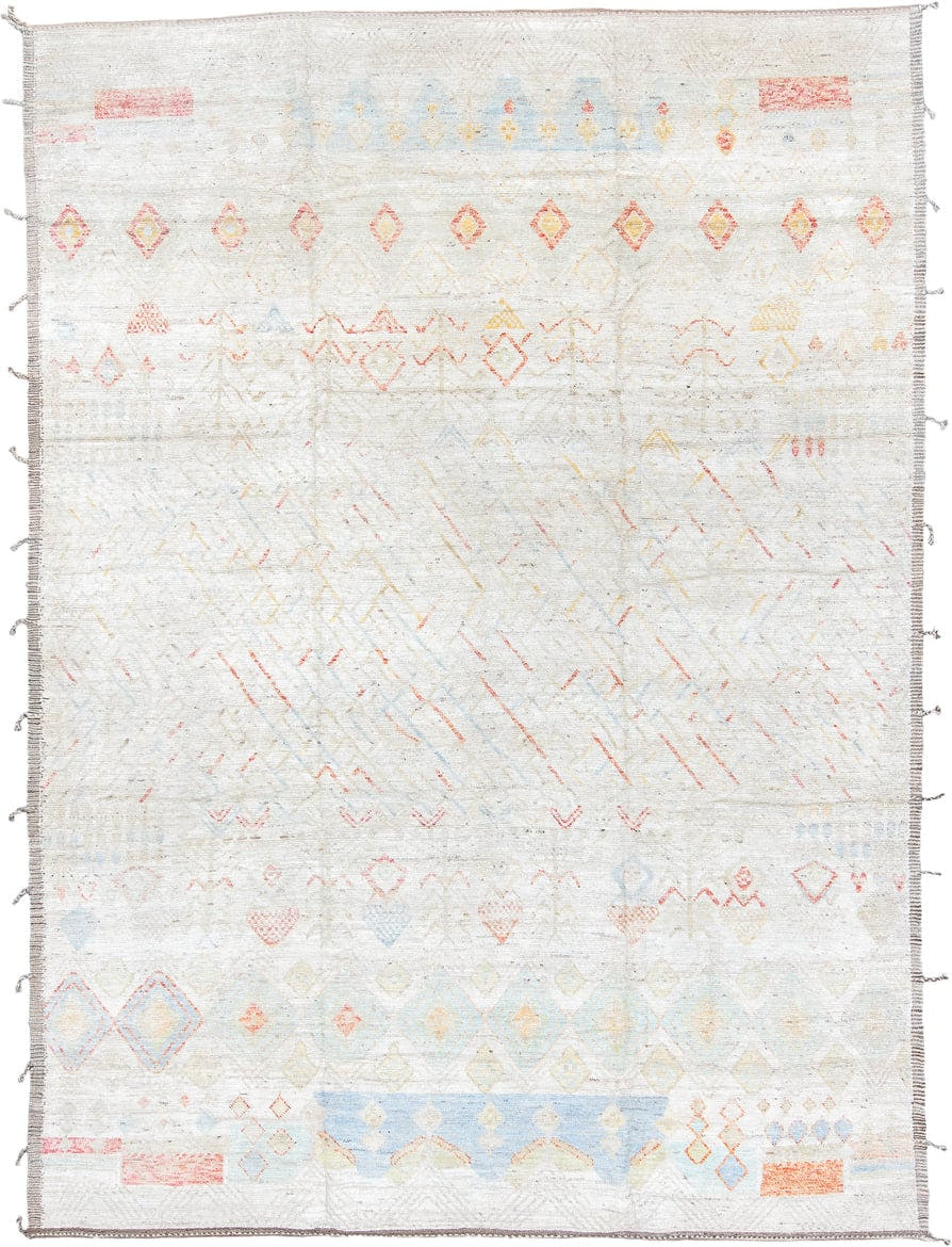 10' x 13' one-of-a-kind handmade vintage Tulu large size rug. Color palette: ivory, powder_blue, blush, saffron, cream