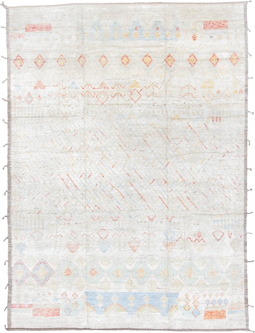 10' x 13' one-of-a-kind handmade vintage Tulu large size rug. Color palette: ivory, powder_blue, blush, saffron, cream