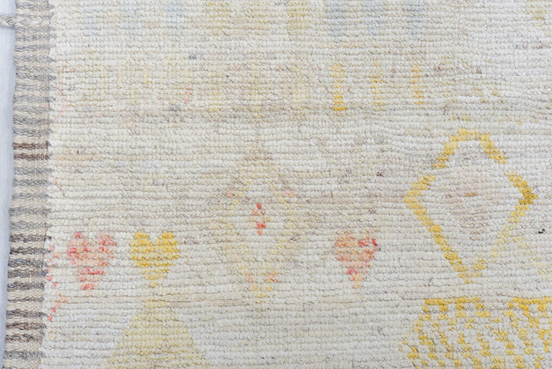 10' x 13' one-of-a-kind handmade vintage Tulu large size rug. Color palette: ivory, powder_blue, blush, saffron, cream