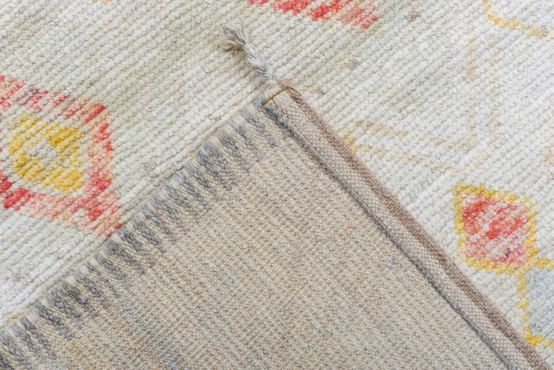 10' x 13' one-of-a-kind handmade vintage Tulu large size rug. Color palette: ivory, powder_blue, blush, saffron, cream