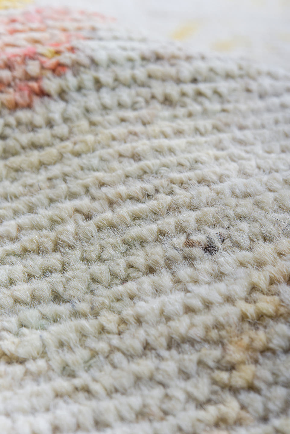 10' x 13' one-of-a-kind handmade vintage Tulu large size rug. Color palette: ivory, powder_blue, blush, saffron, cream