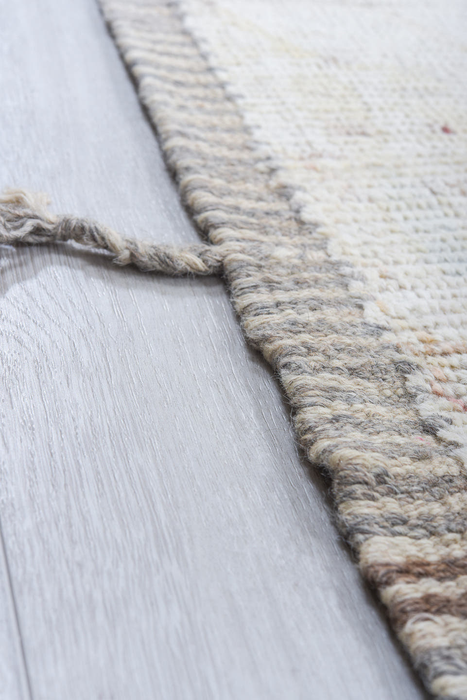 10' x 13' one-of-a-kind handmade vintage Tulu large size rug. Color palette: ivory, powder_blue, blush, saffron, cream