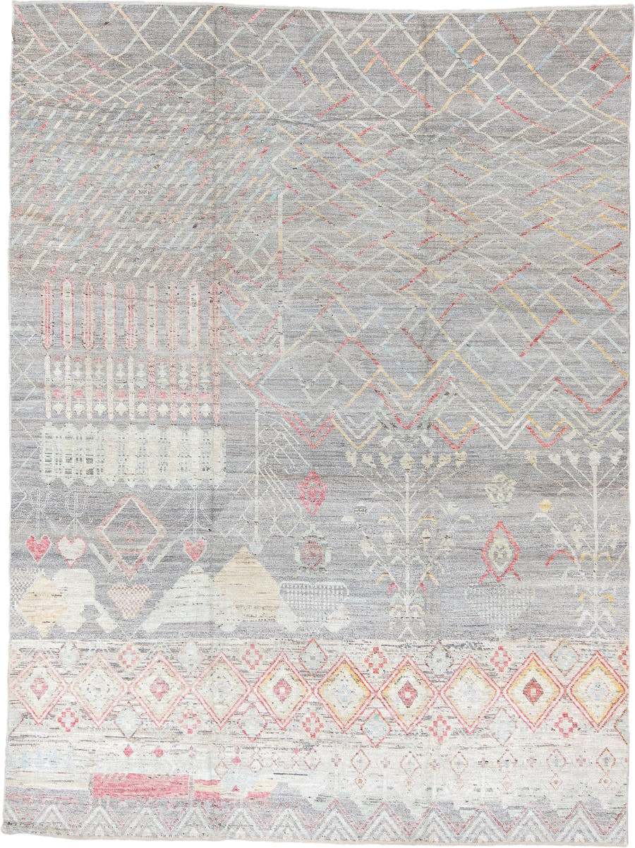 10' x 13' one-of-a-kind handmade vintage Tulu large size rug. Color palette: gray, ivory, blush, pale gold, cream, taupe